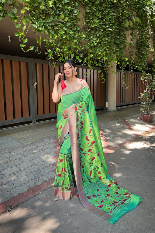 Lime Green Paithani Silk Saree with Zari Work