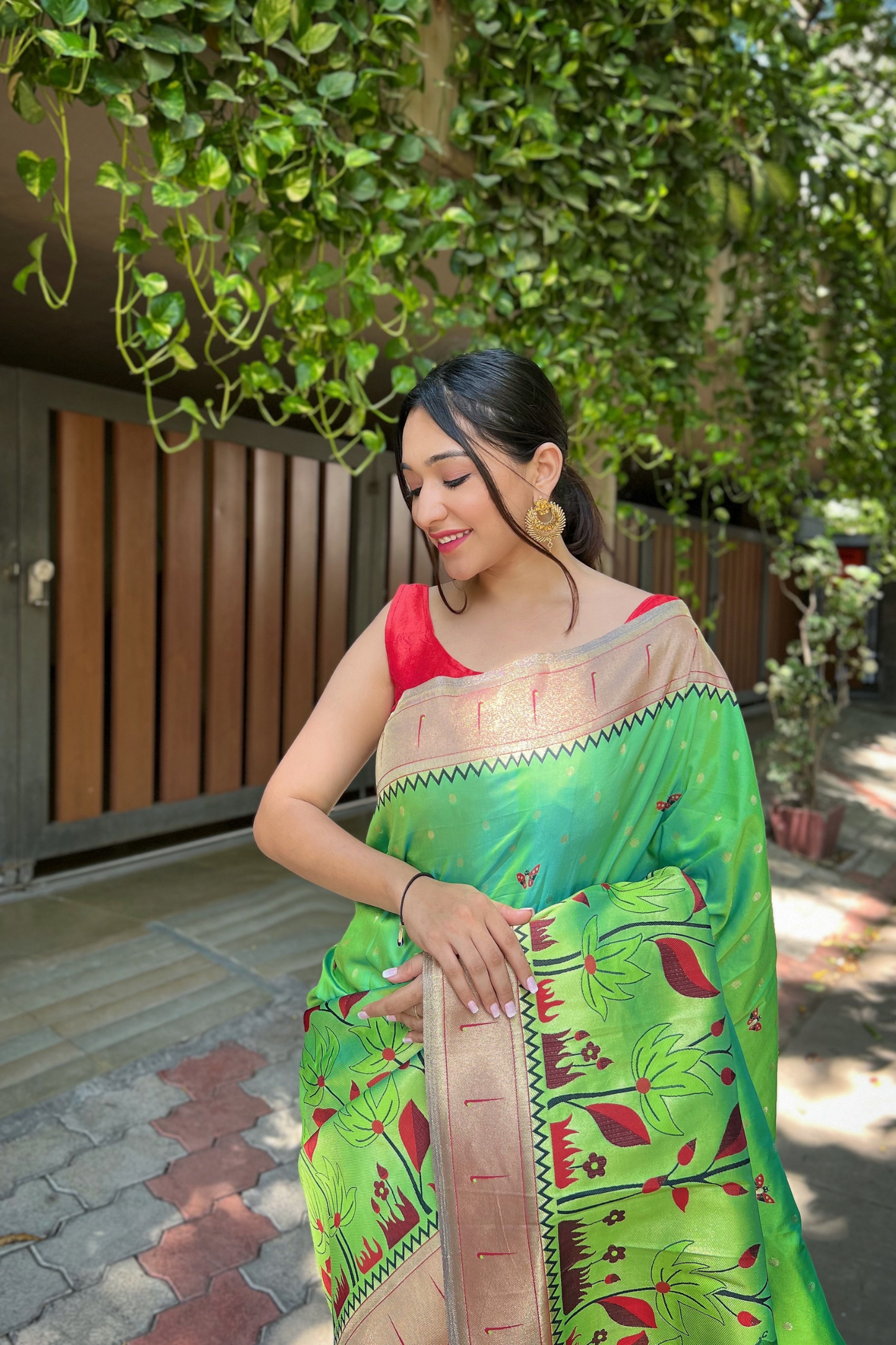 Lime Green Paithani Silk Saree with Zari Work