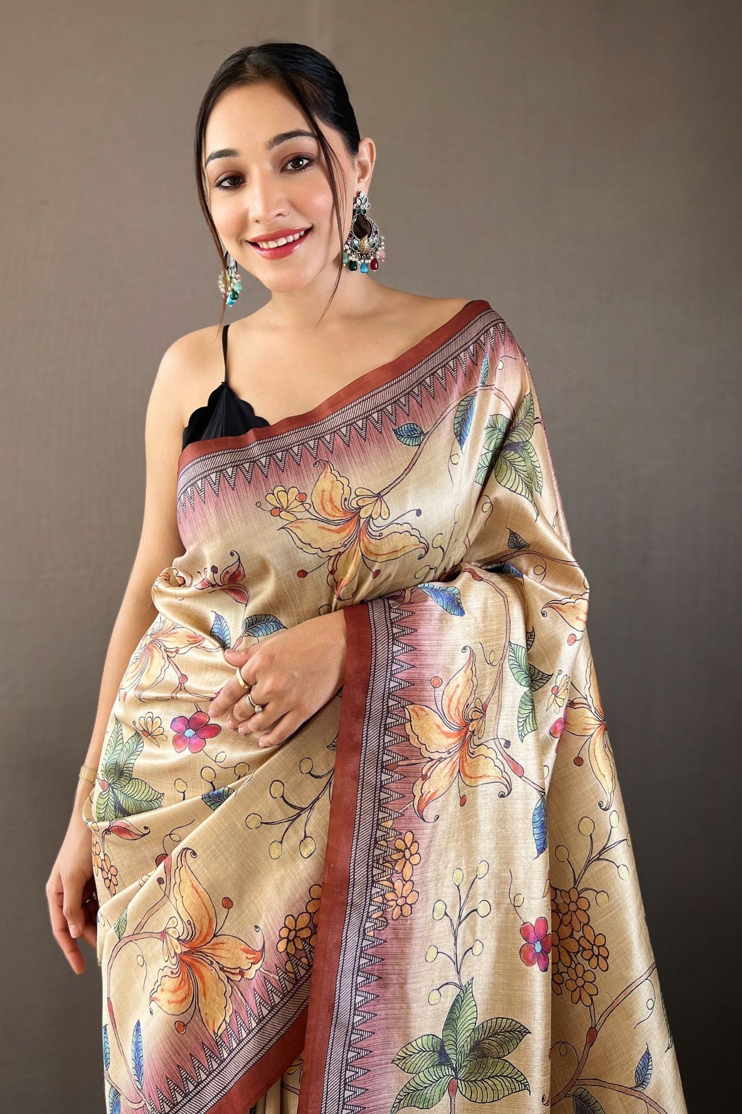 Maroon Kalamkari Printed Silk Saree with Tassels