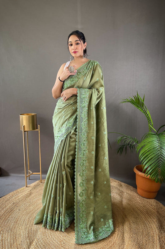 Mehndi Green Matka Soft Silk Saree with Floral Cutwork Border