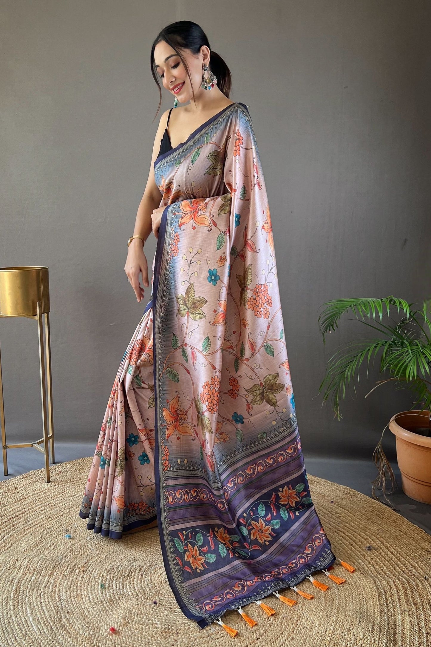 Navy Blue Kalamkari Printed Silk Saree with Tassels