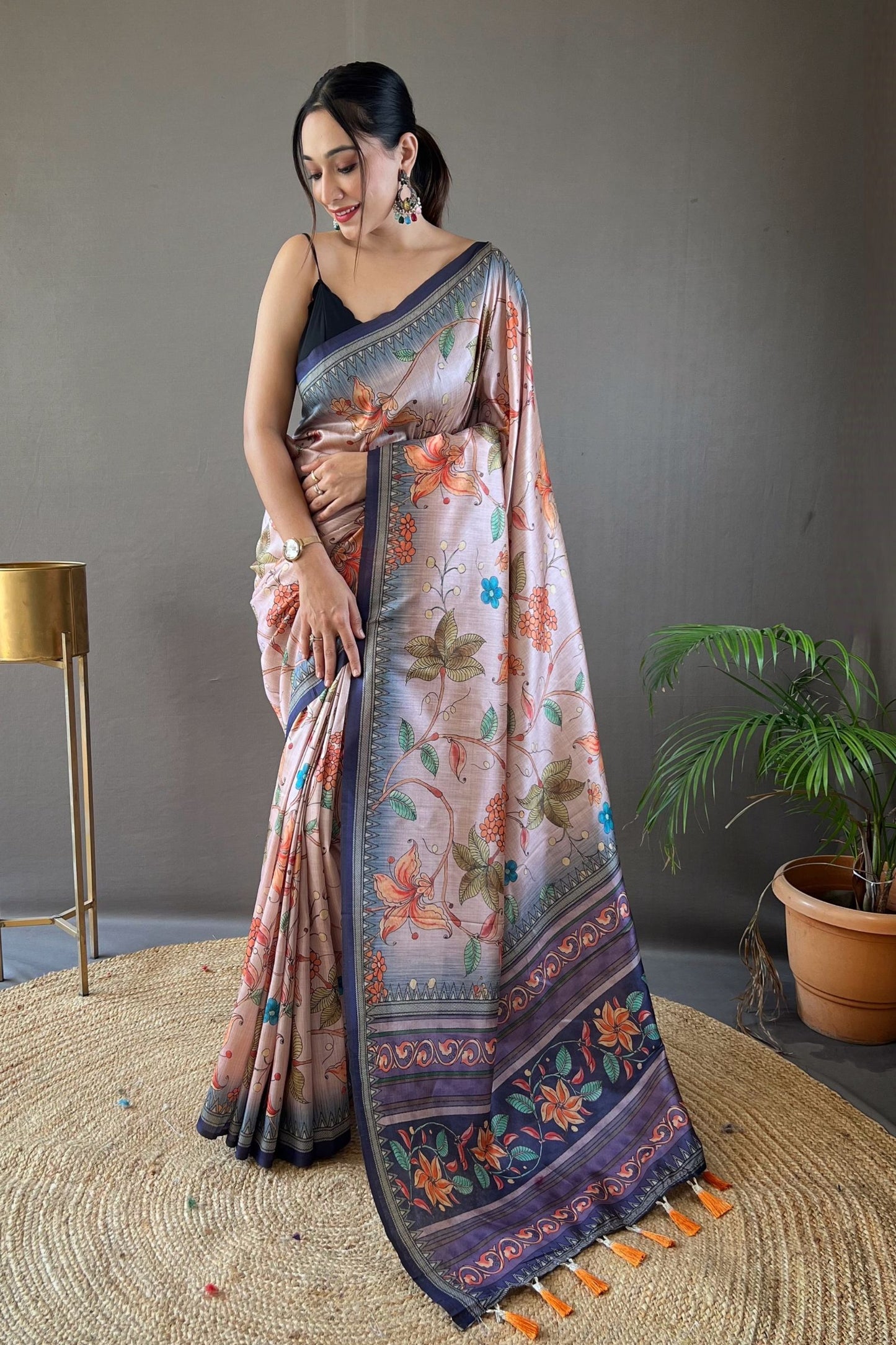 Navy Blue Kalamkari Printed Silk Saree with Tassels