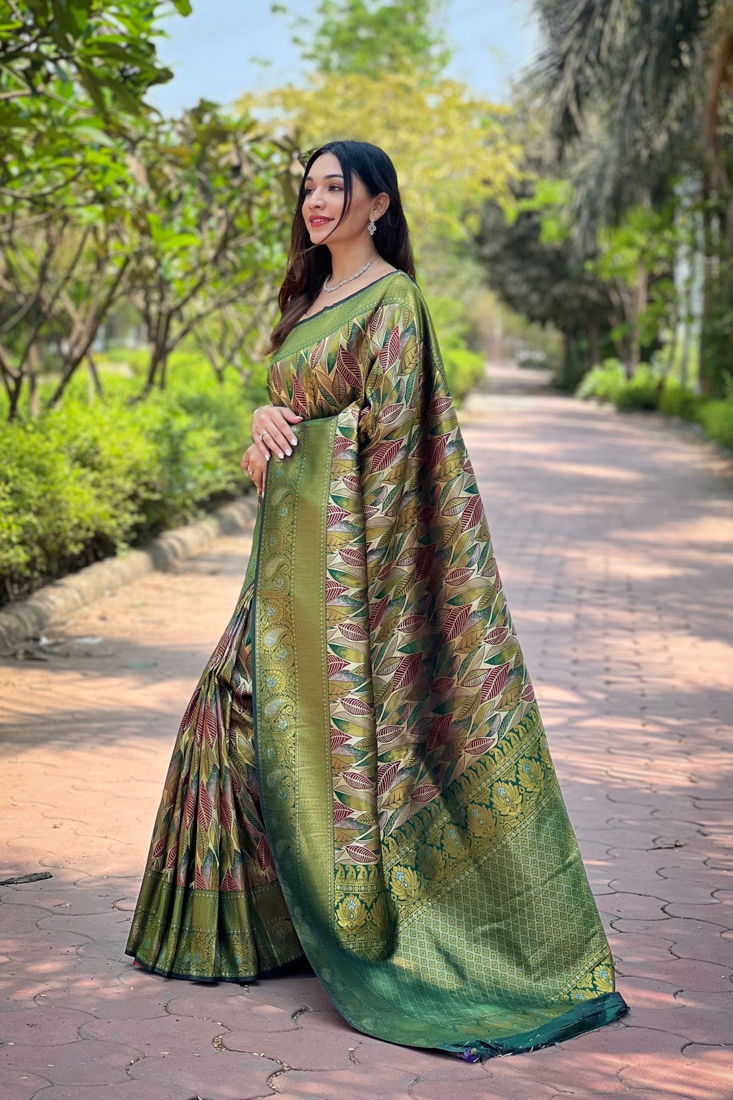 Olive Green Kanchipattu Silk Saree