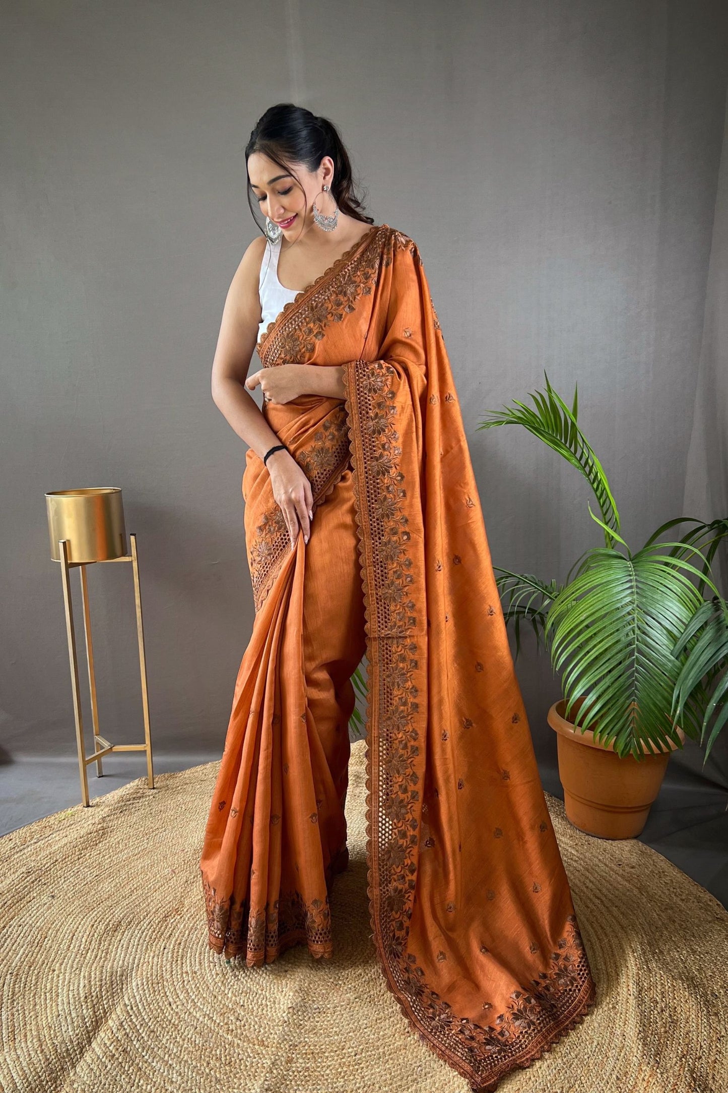 Orange Matka Soft Silk Saree with Floral Cutwork Border