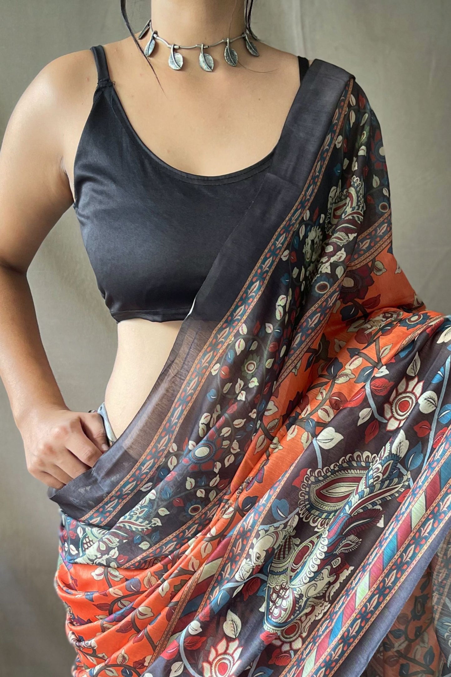 Orange Kalamkari Digital Printed Soft Cotton Saree