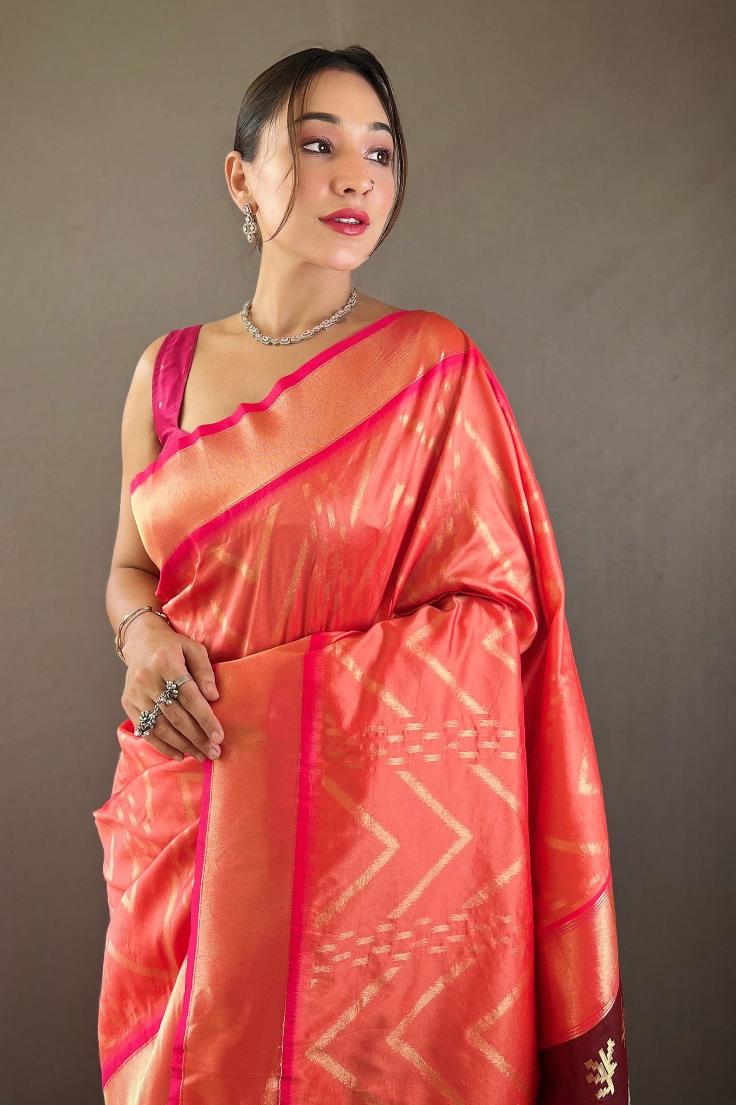 Orange Zig Zag Zari Soft Silk Saree