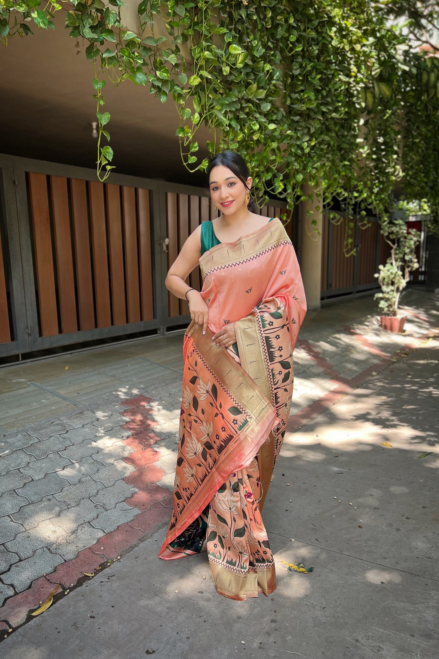 Peach Paithani Silk Saree with Zari Work