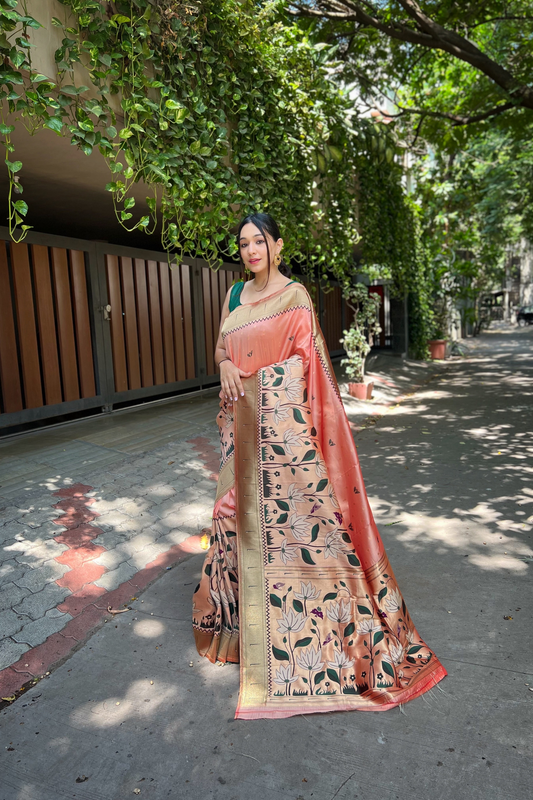 Peach Paithani Silk Saree with Zari Work