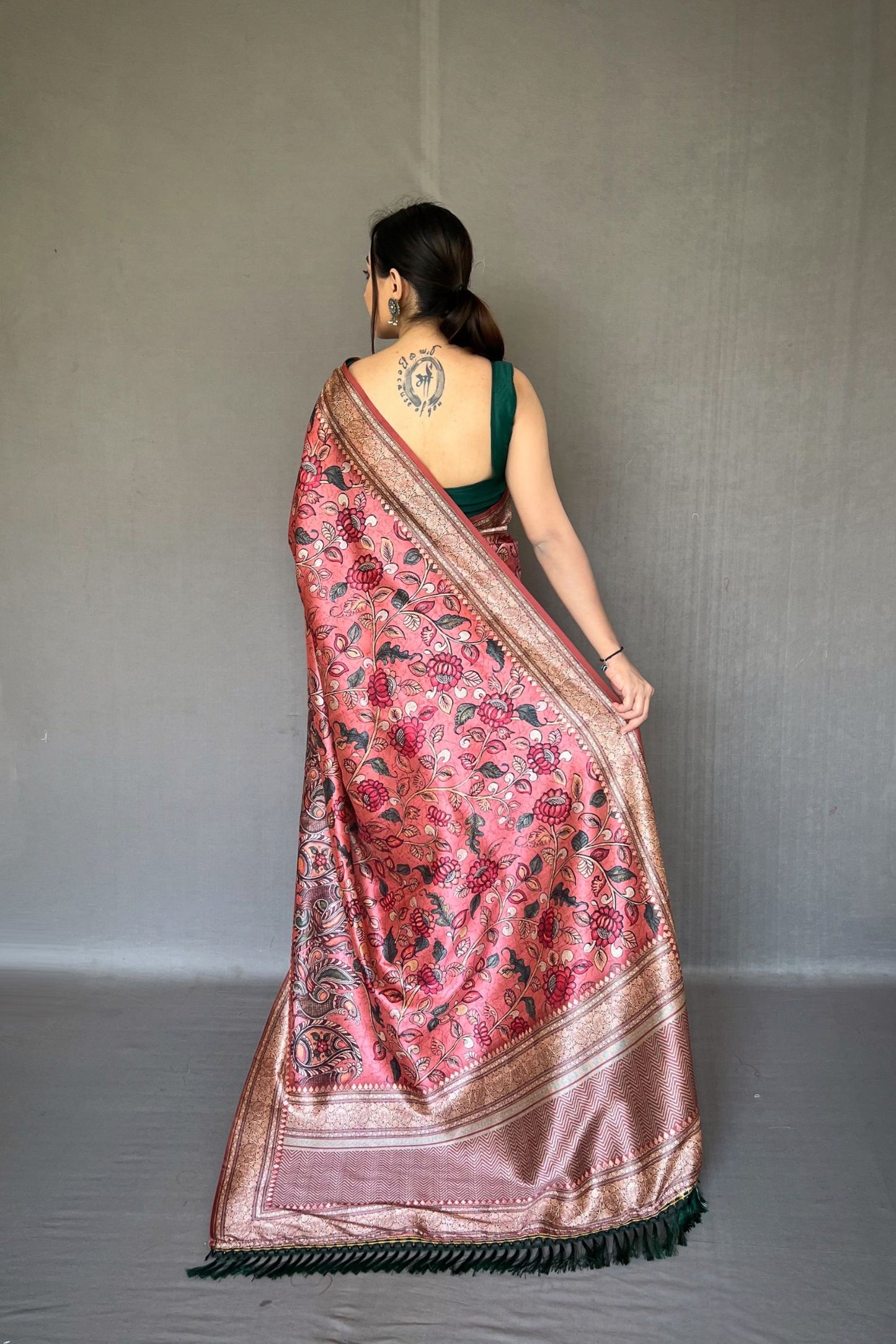 Onion Pink Soft Silk Saree with Kalamkari Fusion Print