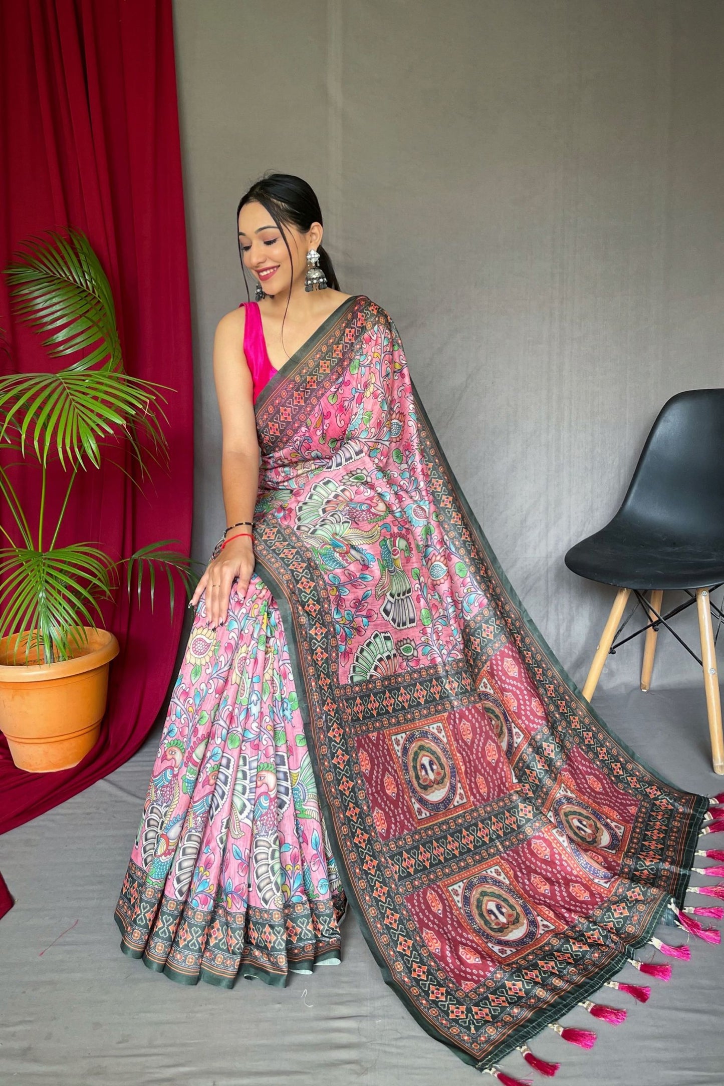 Pink Kalamkari Printed Malai Cotton Saree