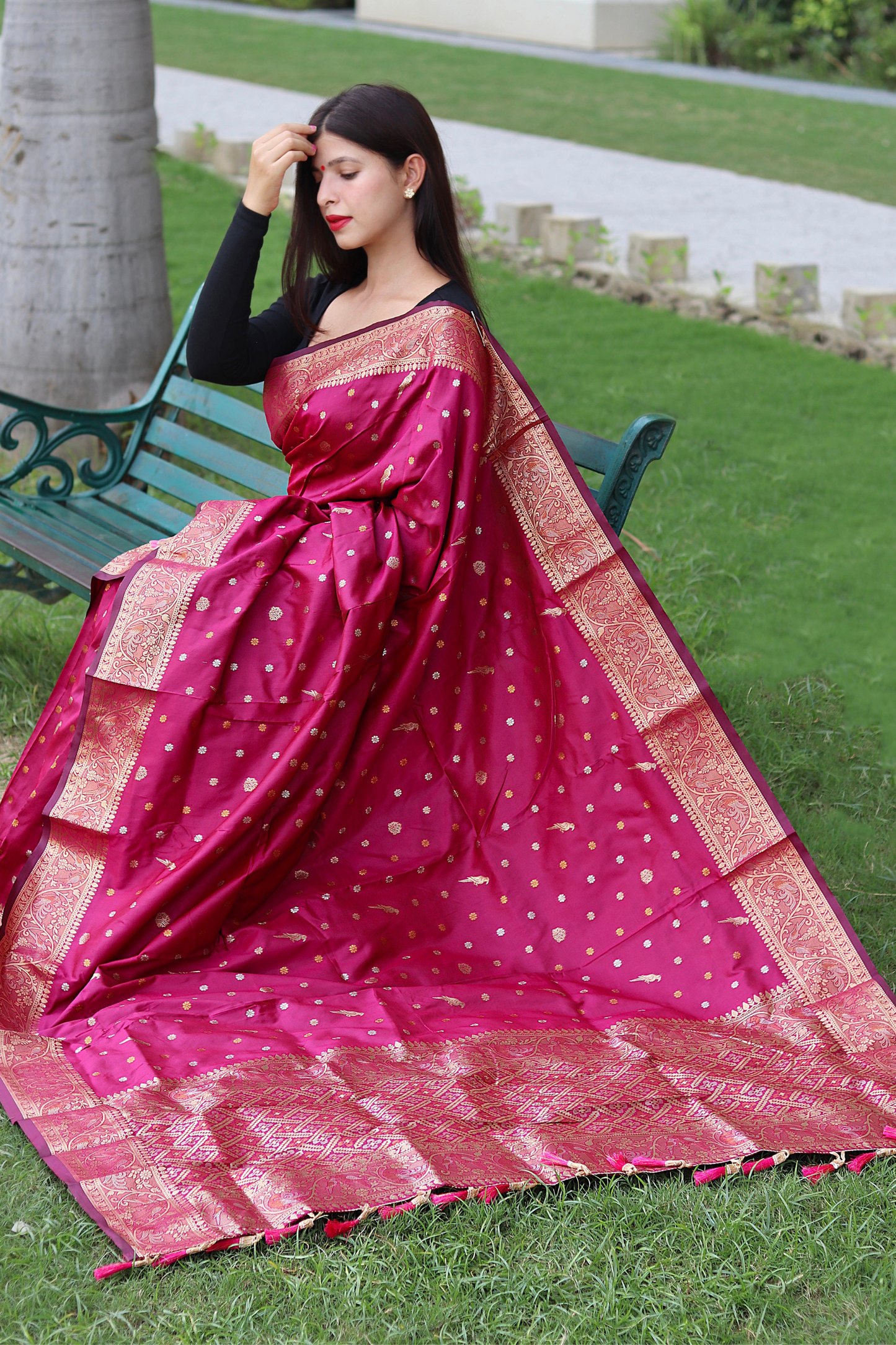 Rani Pink Banarasi Soft Silk Saree with Copper Zari Border