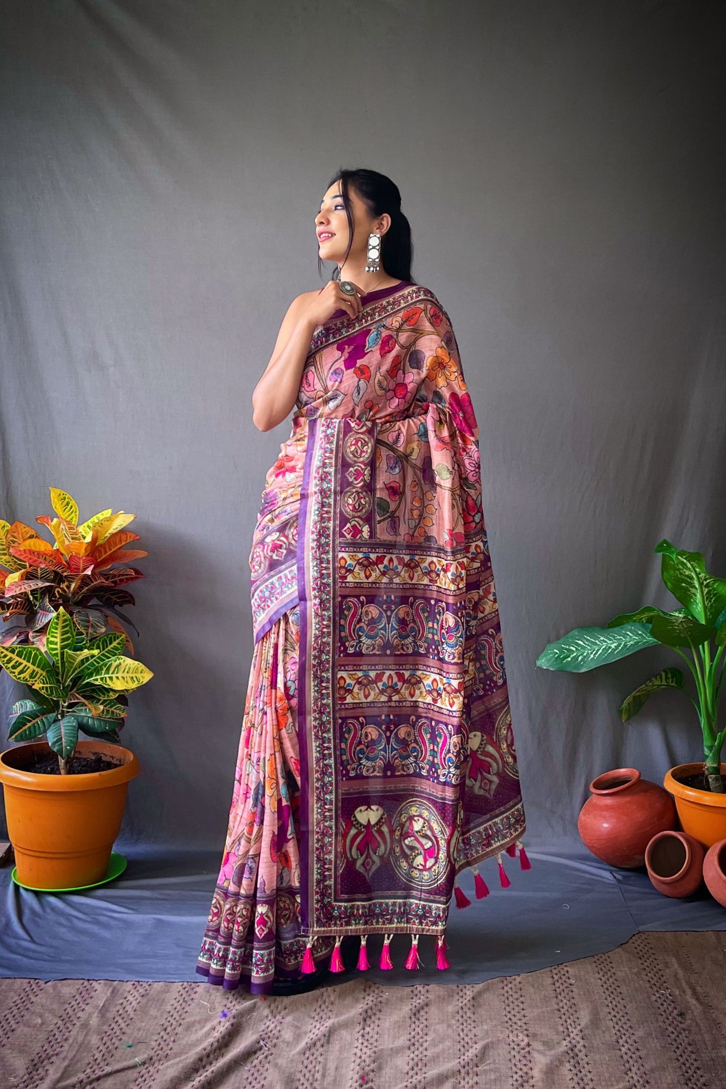 Bubblegum Kalamkari Digital Printed Cotton Saree