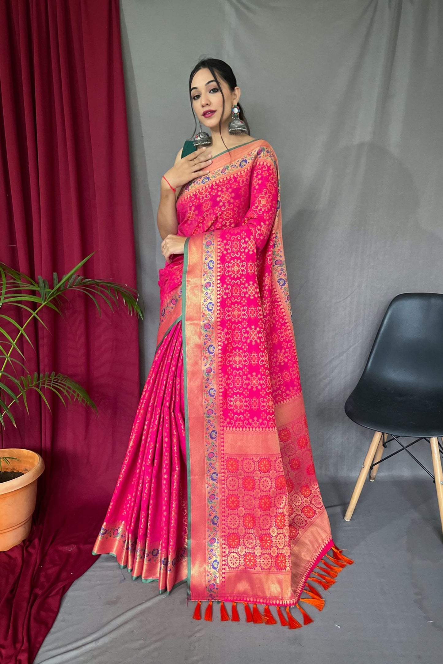 Rose Pink Patola Silk Saree with Paithani Patola Fusion