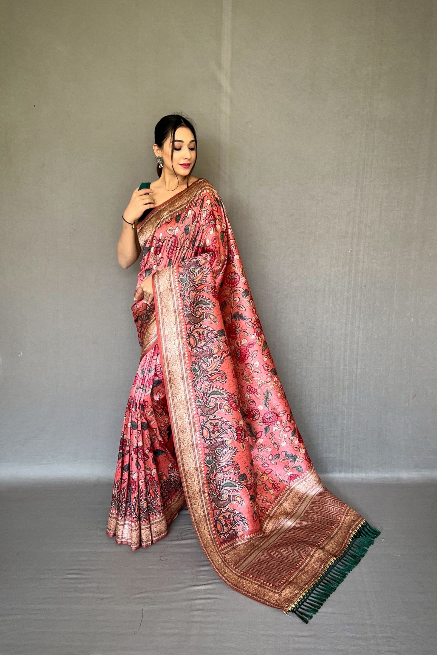 Onion Pink Soft Silk Saree with Kalamkari Fusion Print