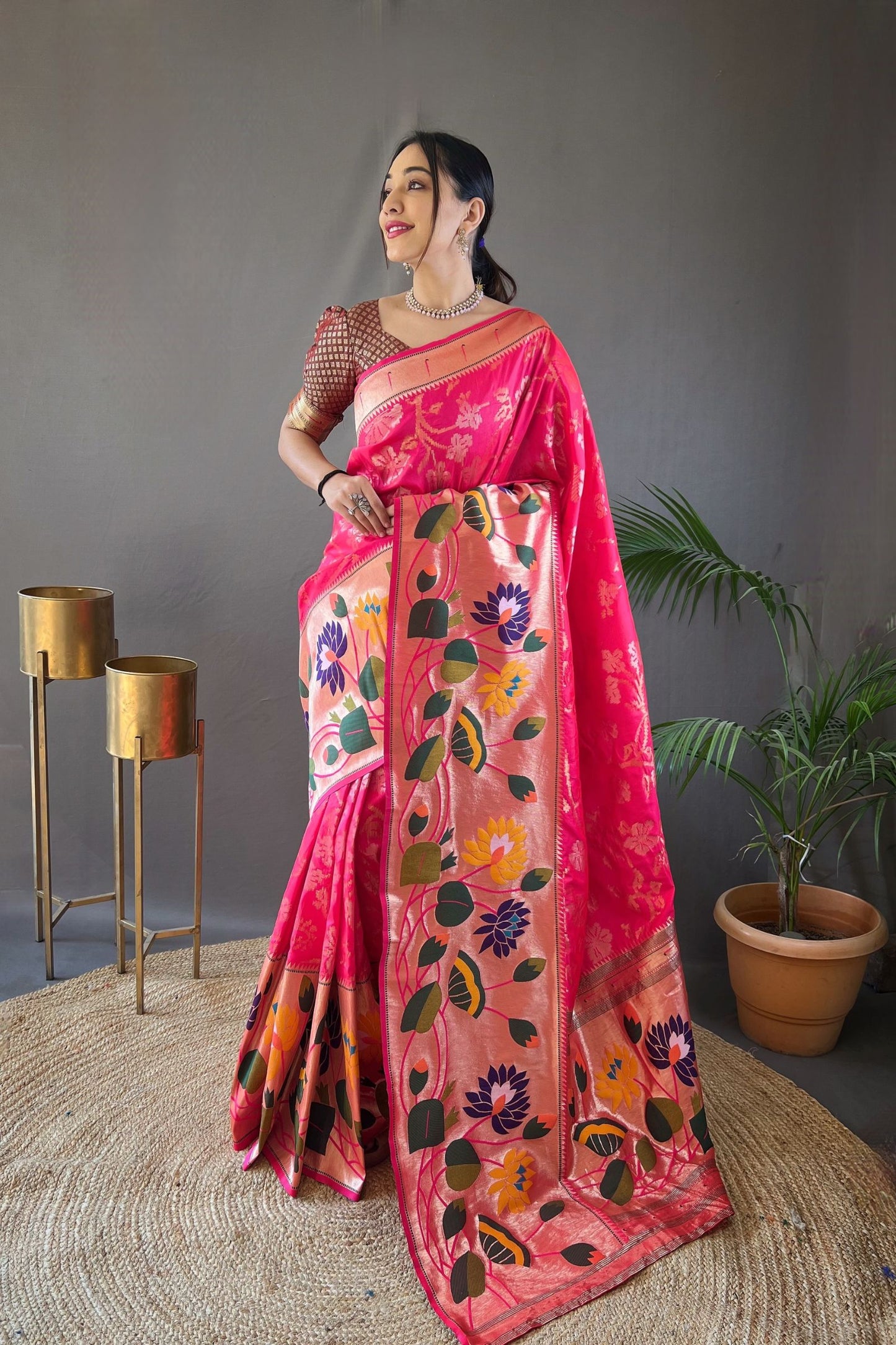 Hot Pink Soft Paithani Silk Saree with Traditional Patterns