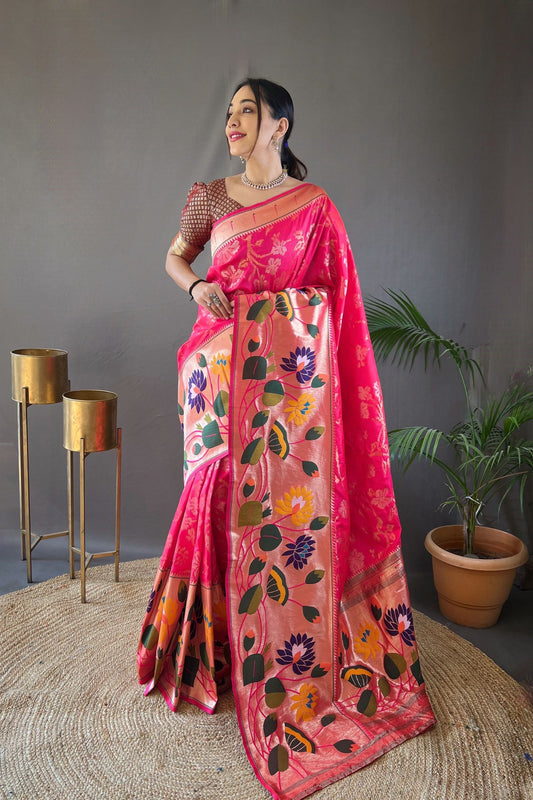 Hot Pink Soft Paithani Silk Saree with Traditional Patterns