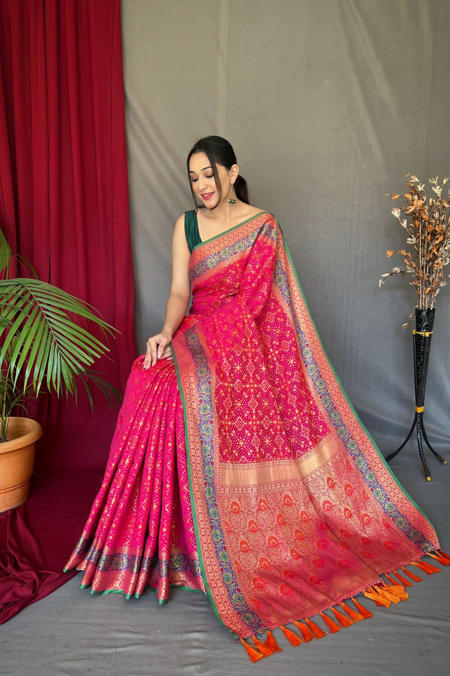 Rose Pink Patola Silk Saree with Flower Patola Fusion