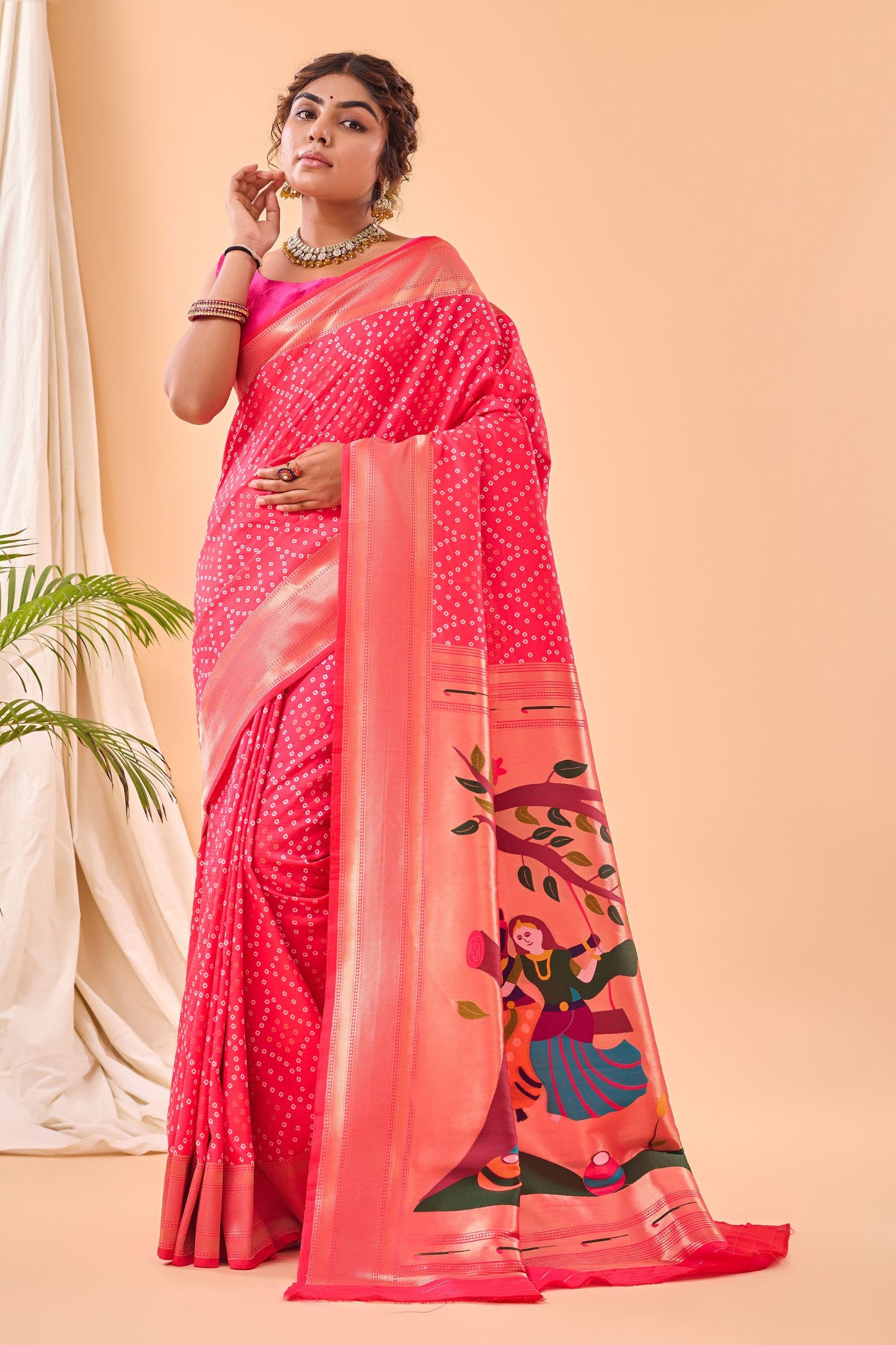 Coral Pink Bandhani Weaving Paithani Silk Saree