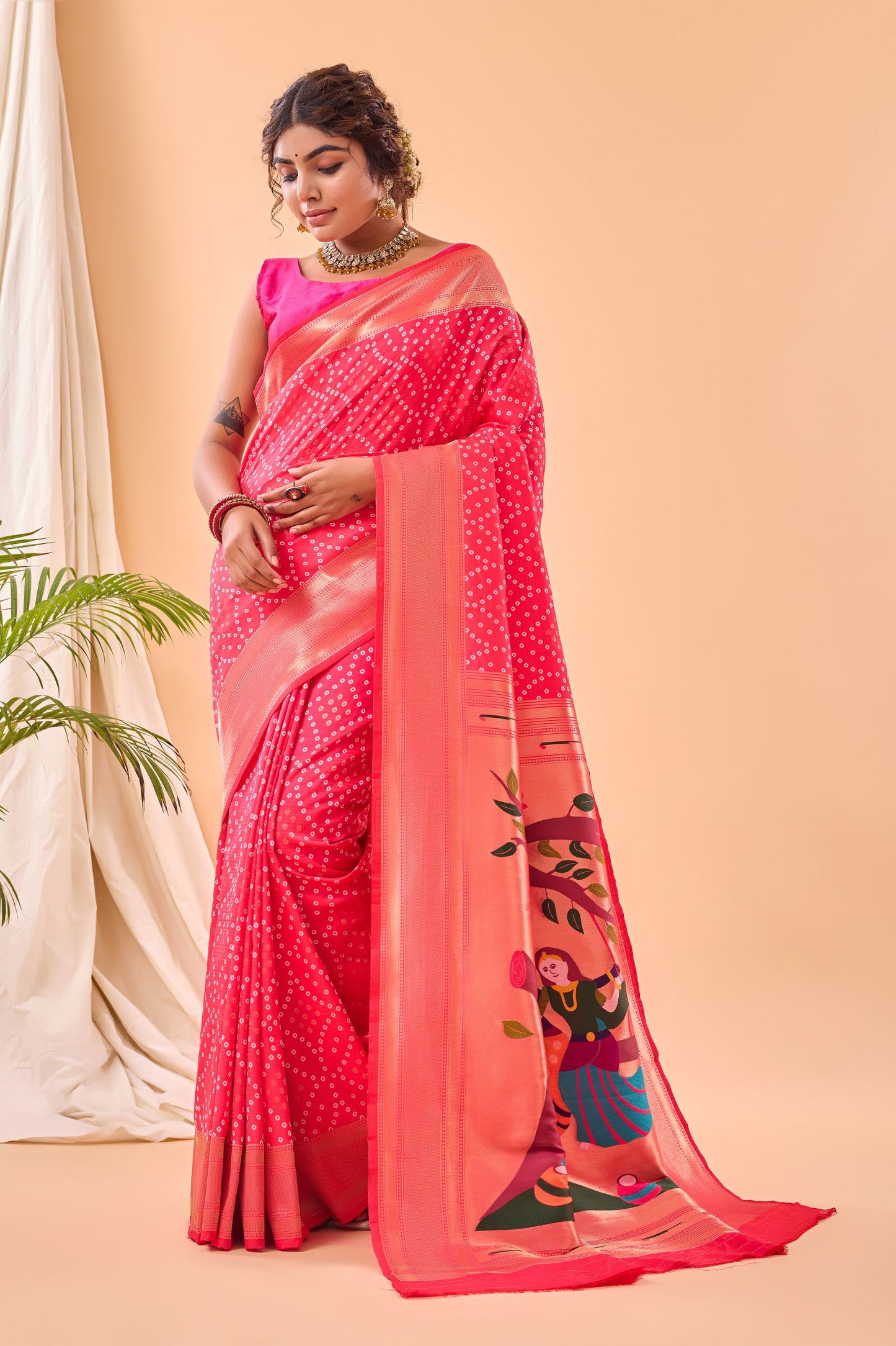 Coral Pink Bandhani Weaving Paithani Silk Saree