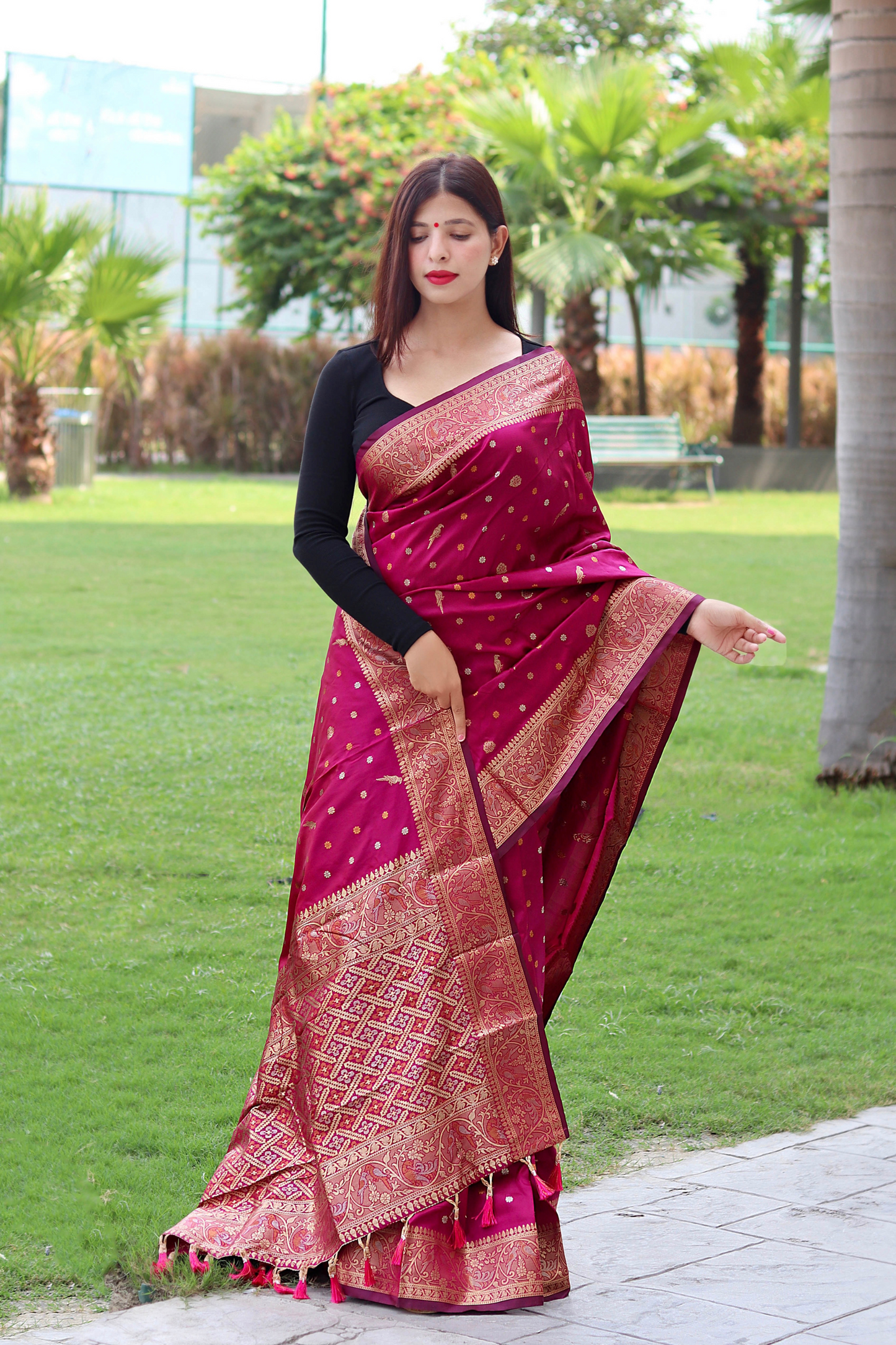 Rani Pink Banarasi Soft Silk Saree with Copper Zari Border