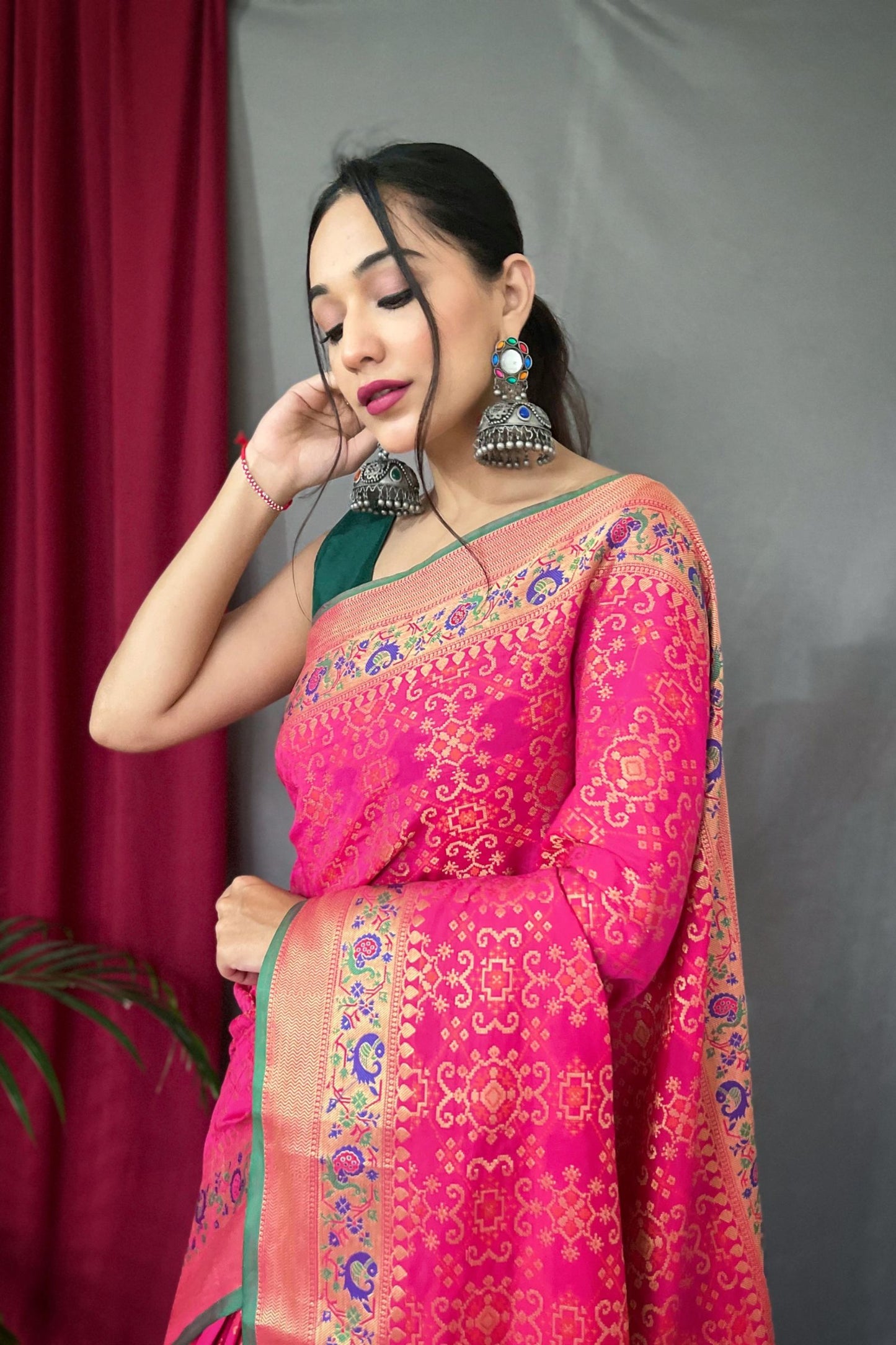 Rose Pink Patola Silk Saree with Paithani Patola Fusion