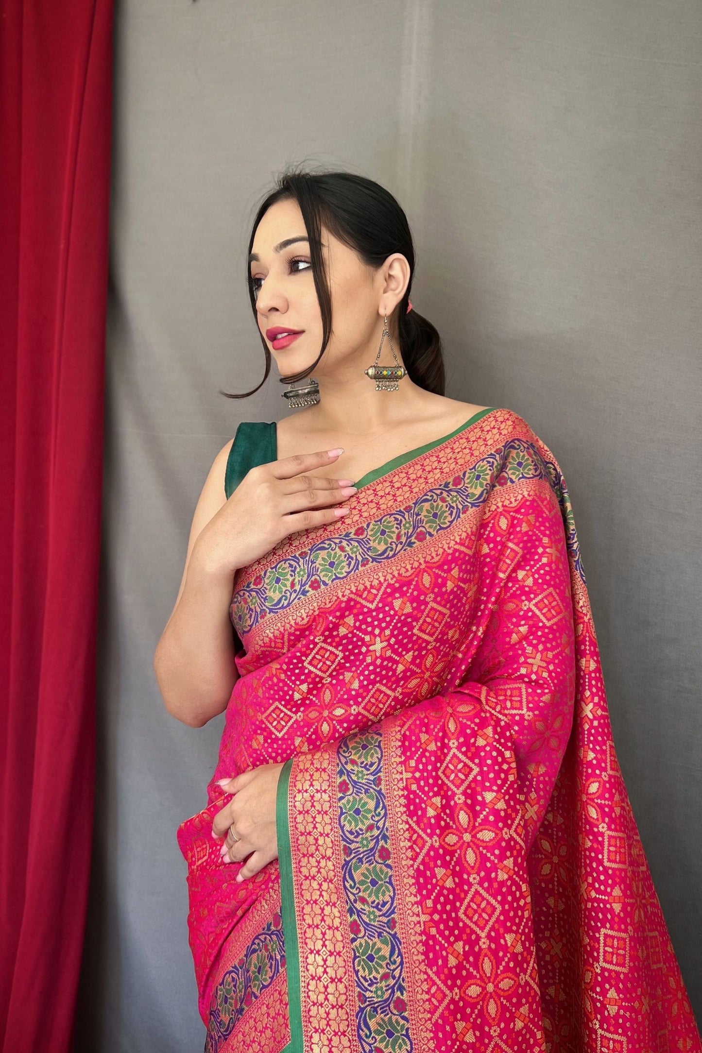 Rose Pink Patola Silk Saree with Flower Patola Fusion