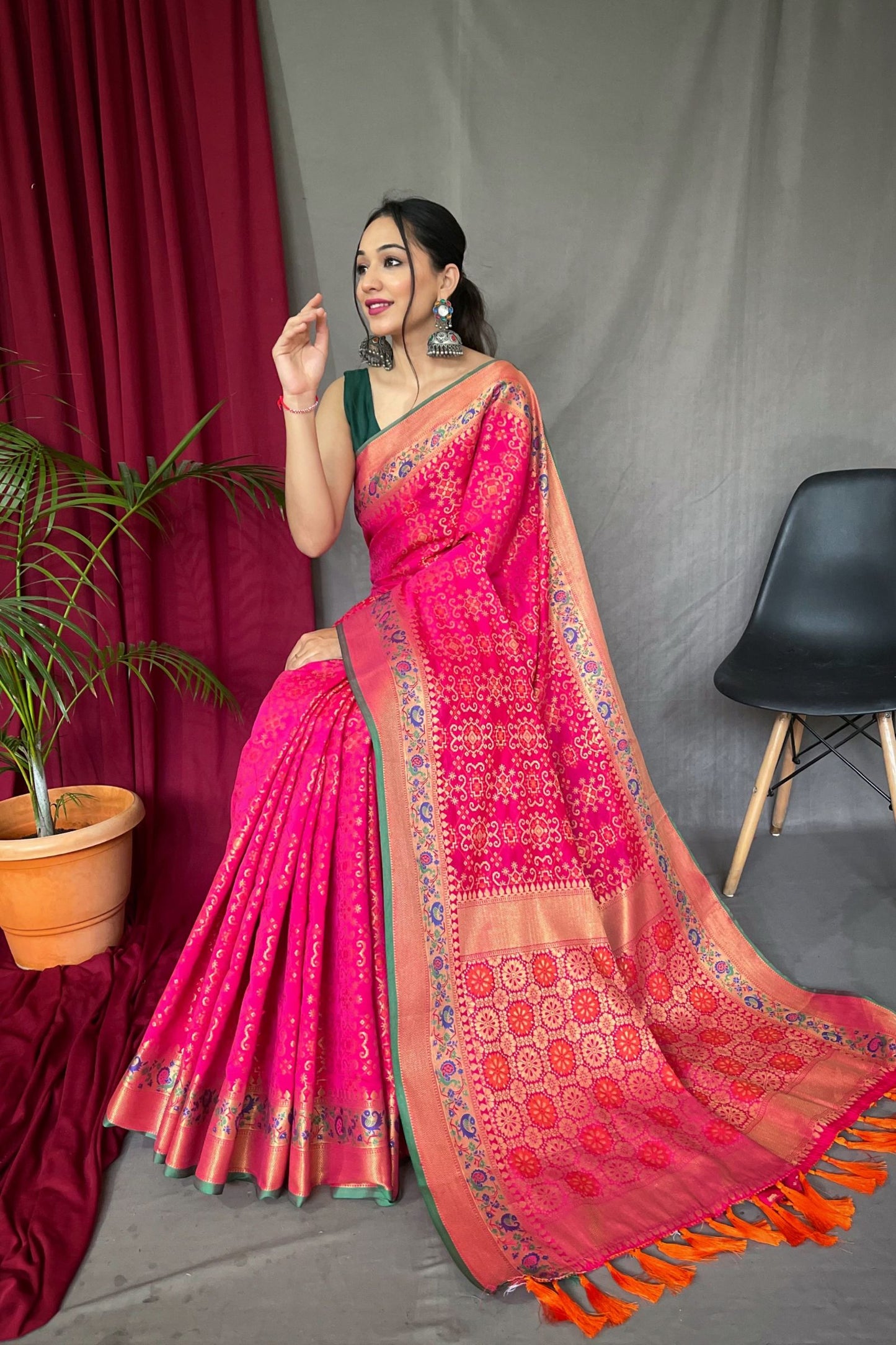 Rose Pink Patola Silk Saree with Paithani Patola Fusion