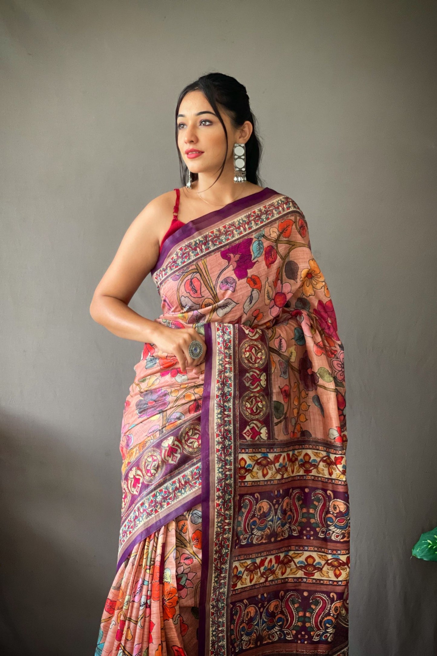 Bubblegum Kalamkari Digital Printed Cotton Saree