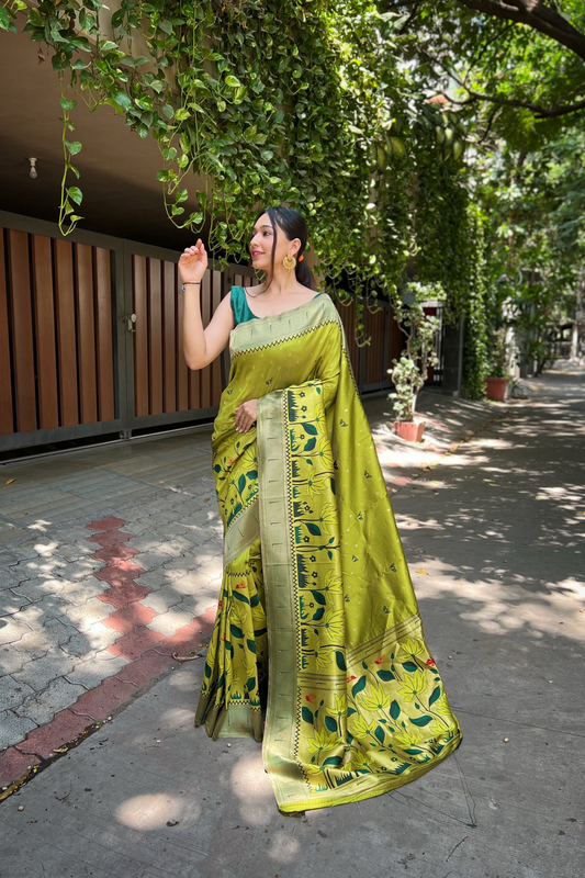 Pista Green Paithani Silk Saree with Zari Work