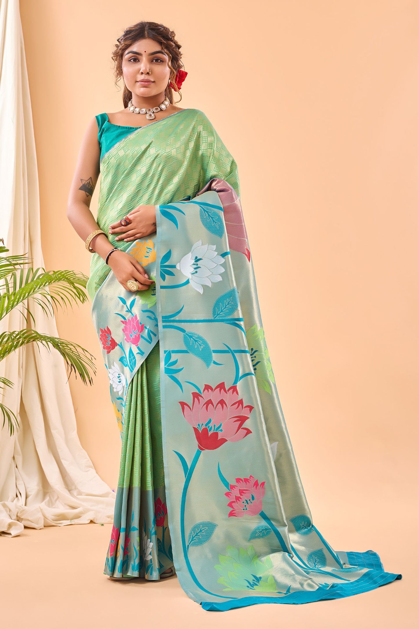 Pista Green Paithani Silk Saree with Big Beautiful Border