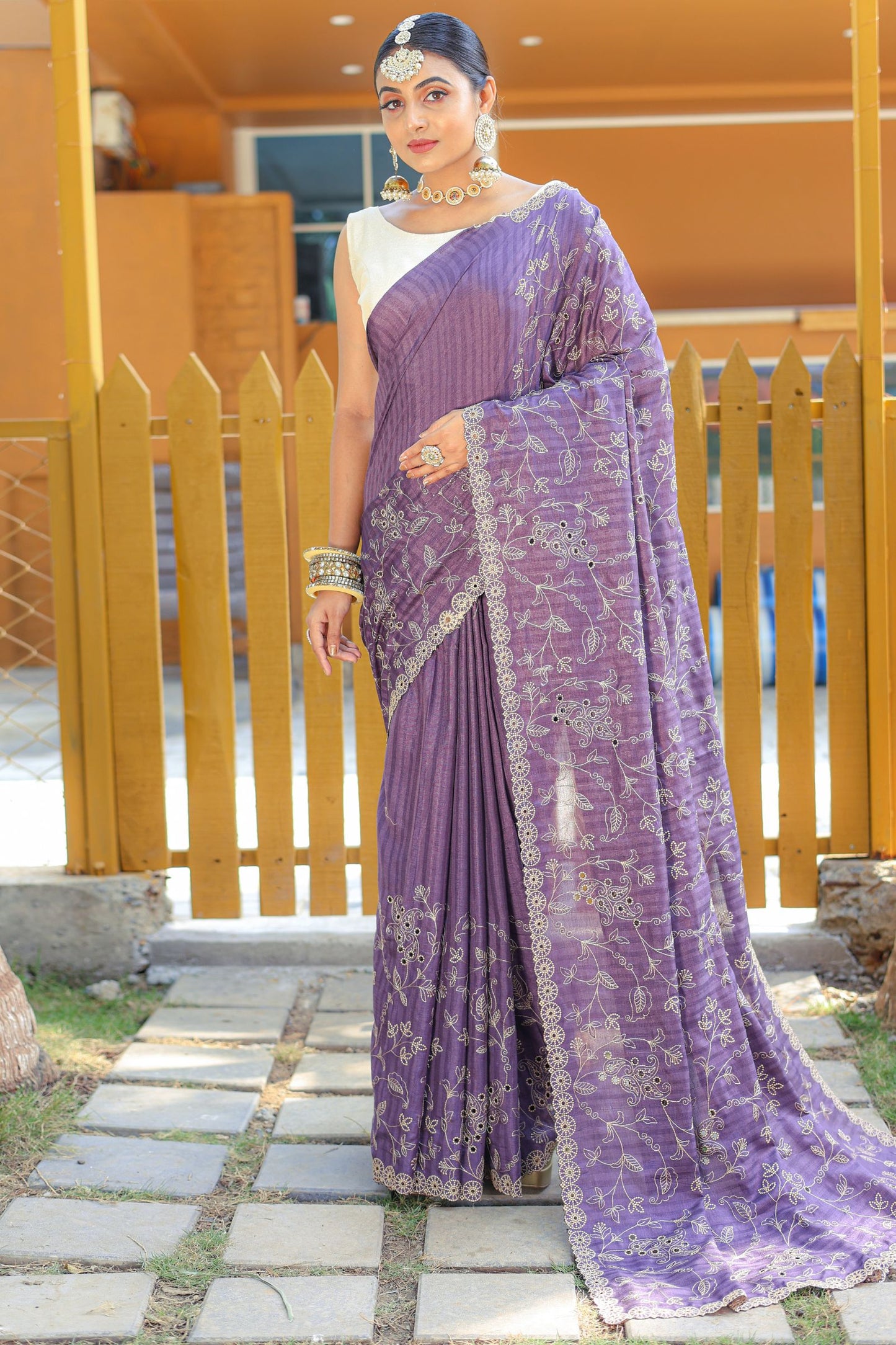 Purple Threadwork Soft Silk Saree with Cutwork Border