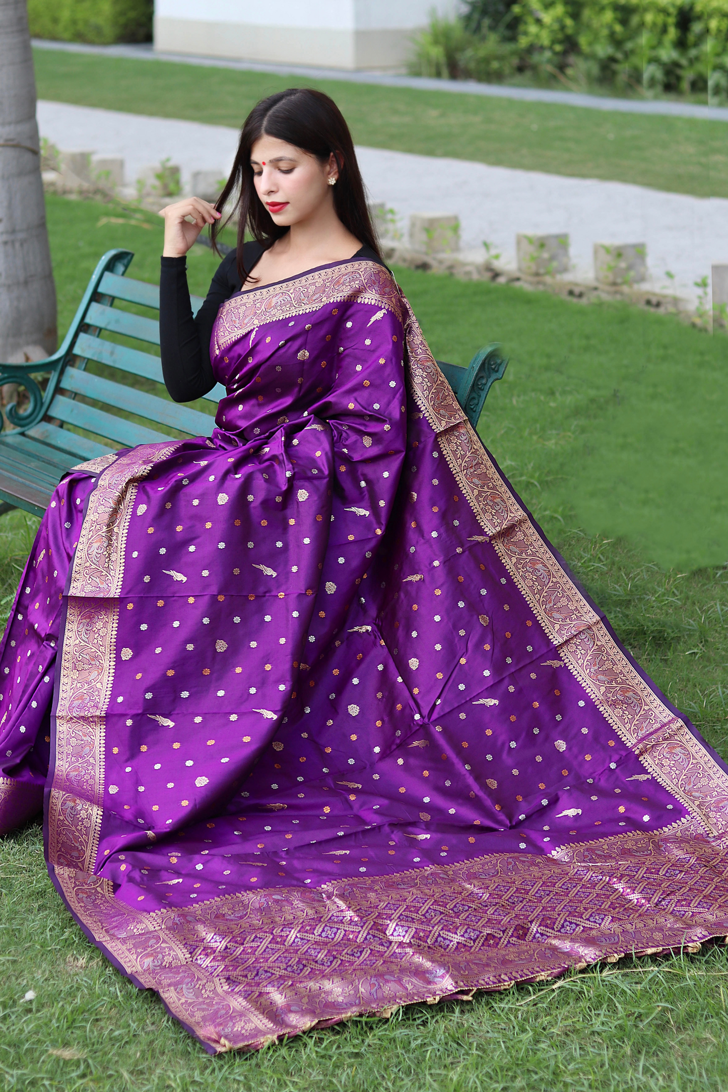 Purple Banarasi Soft Silk Saree with Copper Zari Border