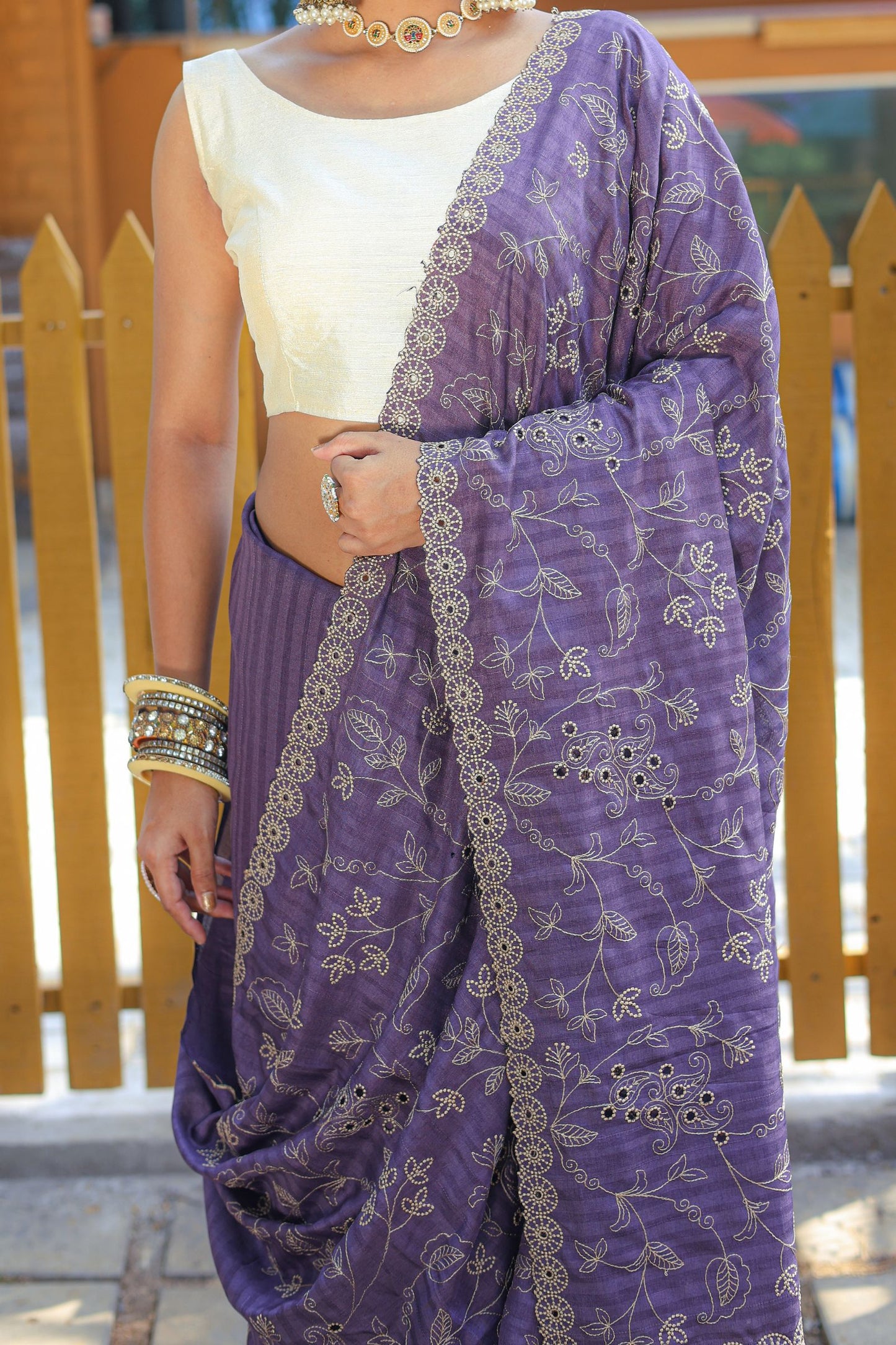 Purple Threadwork Soft Silk Saree with Cutwork Border