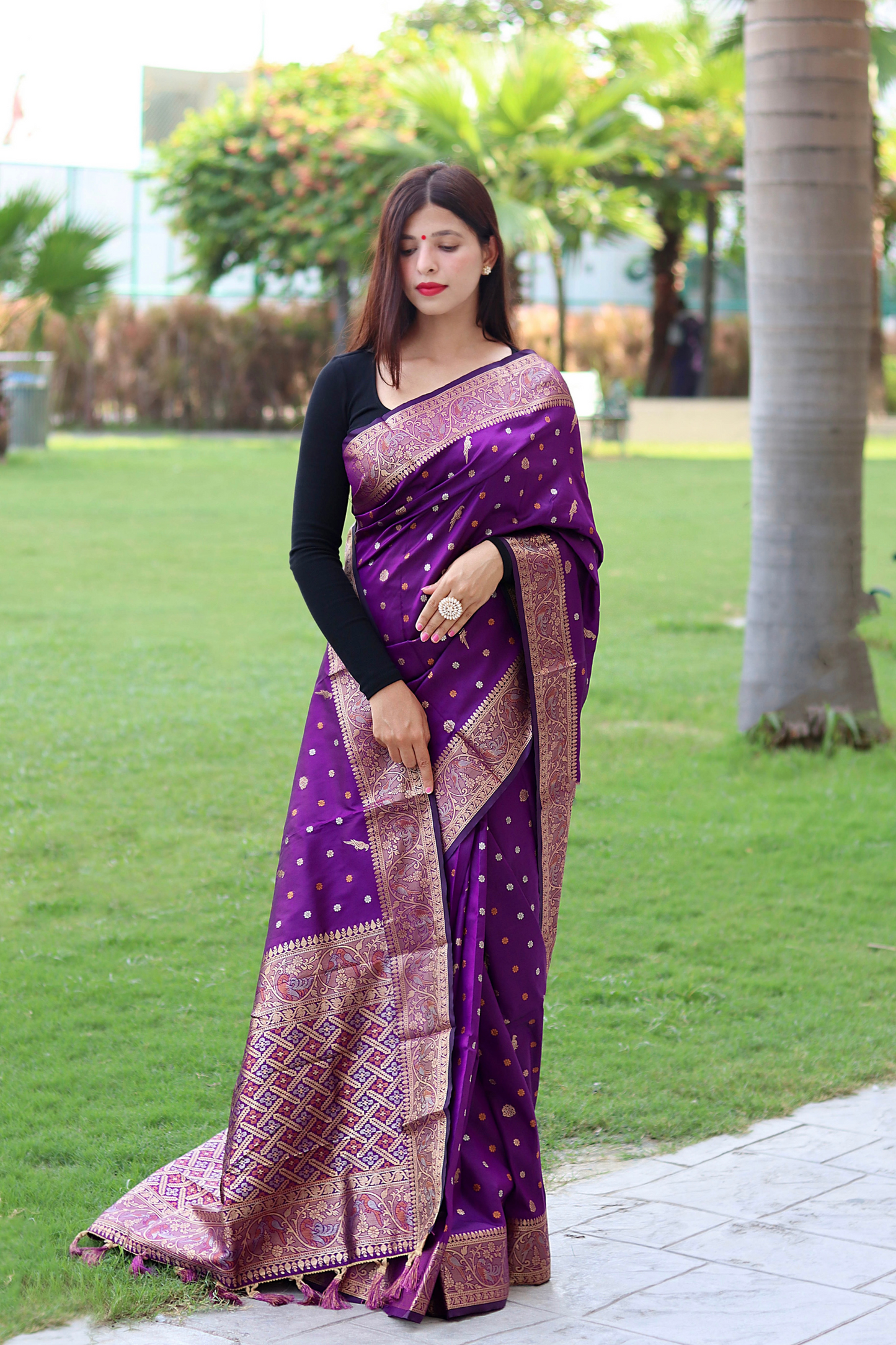 Purple Banarasi Soft Silk Saree with Copper Zari Border