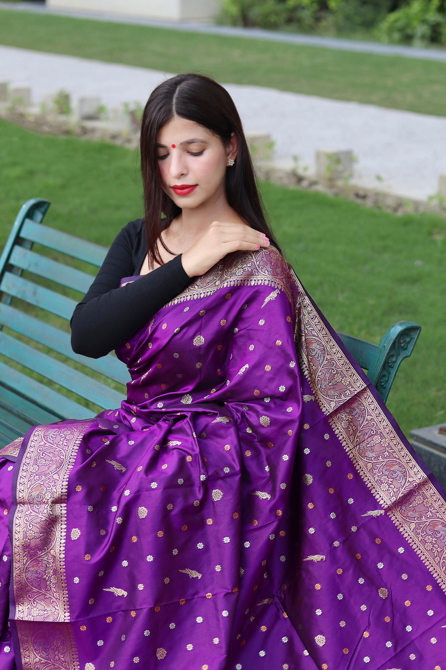 Purple Banarasi Soft Silk Saree with Copper Zari Border