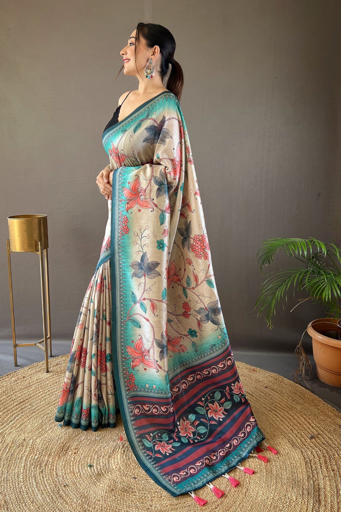 Rama Kalamkari Printed Silk Saree with Tassels