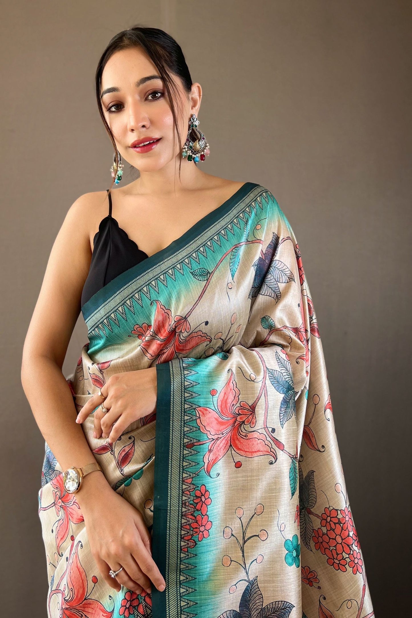 Rama Kalamkari Printed Silk Saree with Tassels