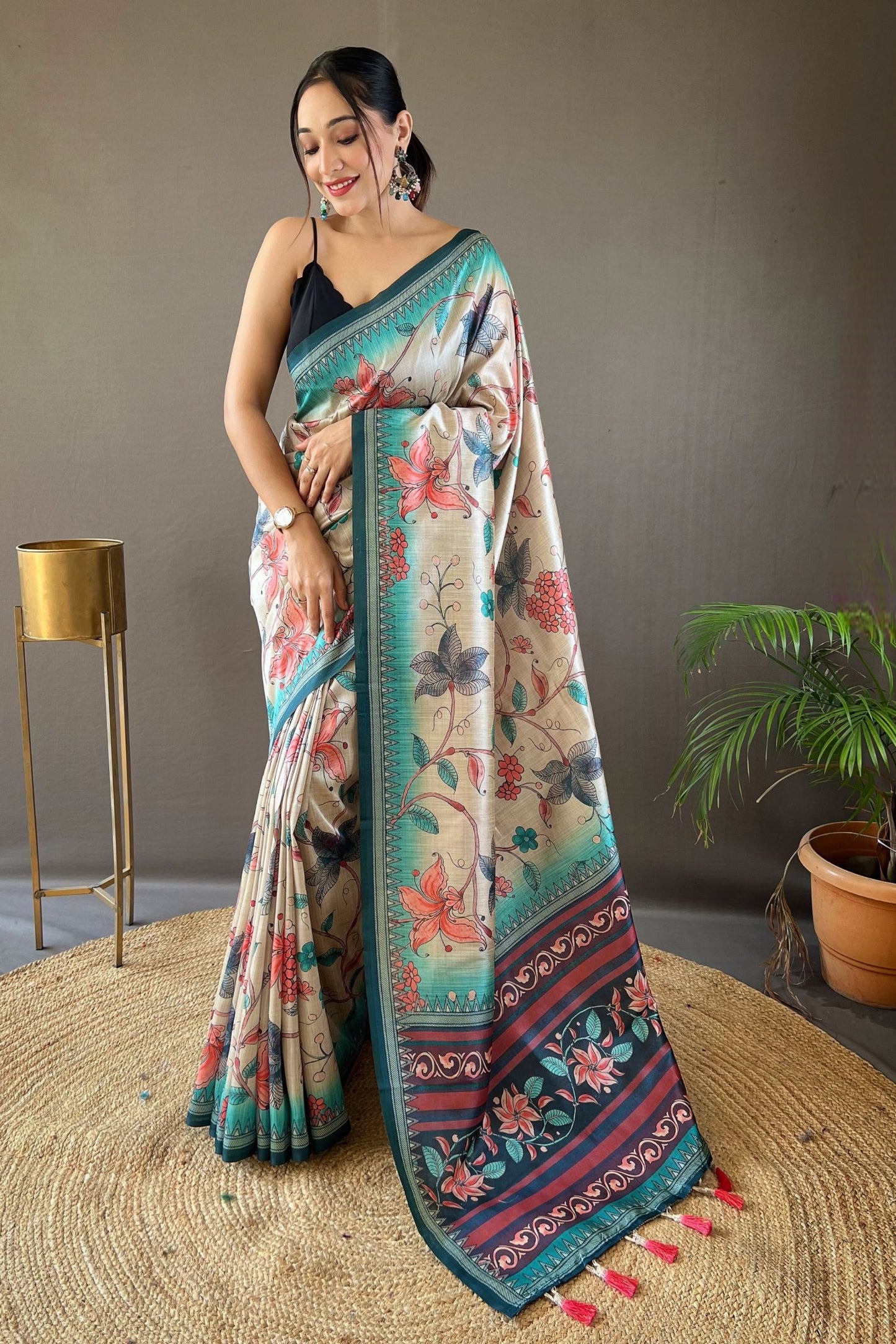 Rama Kalamkari Printed Silk Saree with Tassels