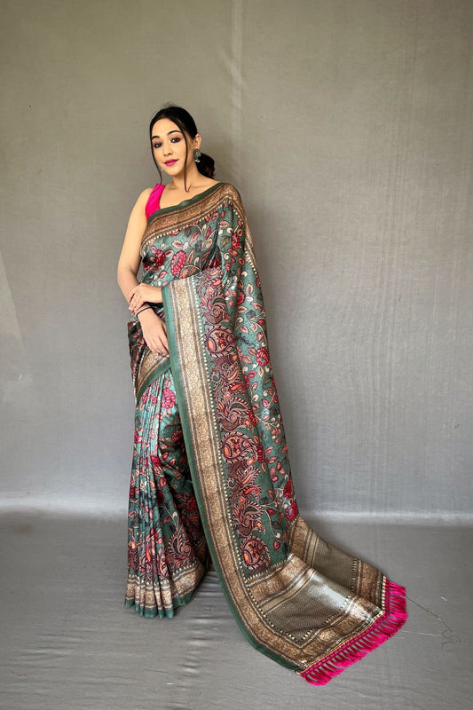 Rama Soft Silk Saree with Kalamkari Fusion Print