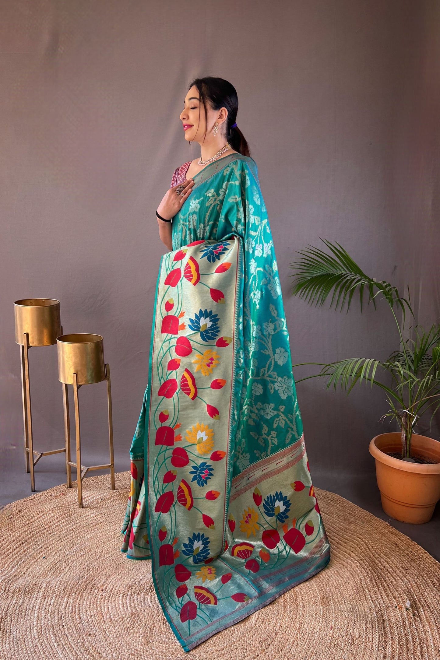 Aqua Green Soft Paithani Silk Saree with Traditional Patterns