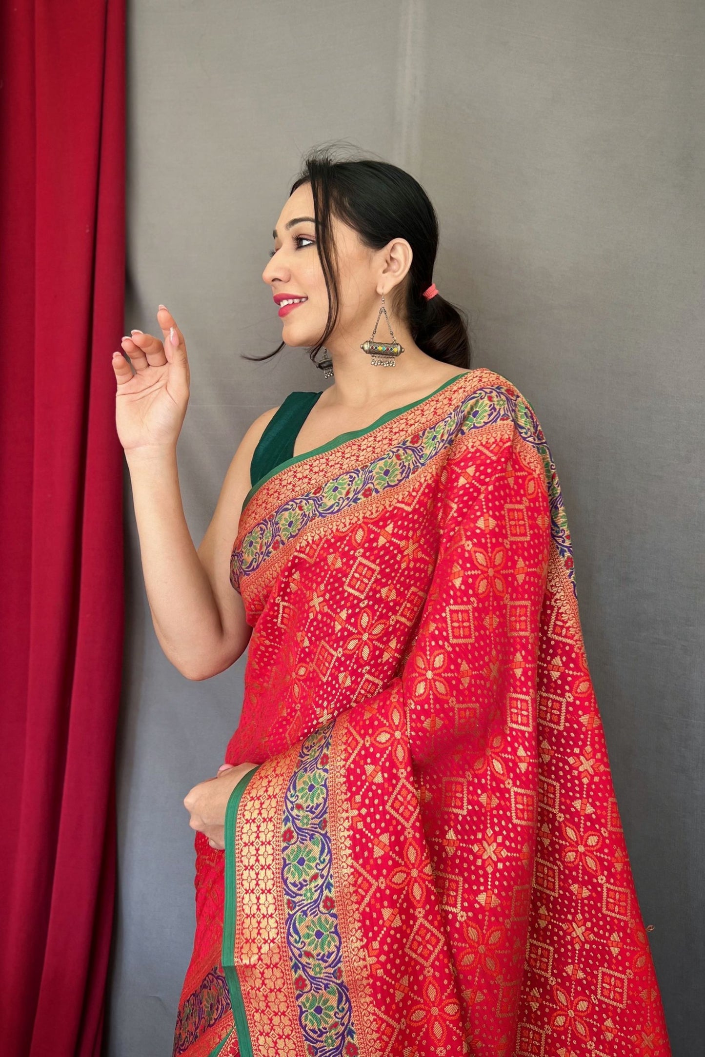 Tomato Red Patola Silk Saree with Flower Patola Fusion