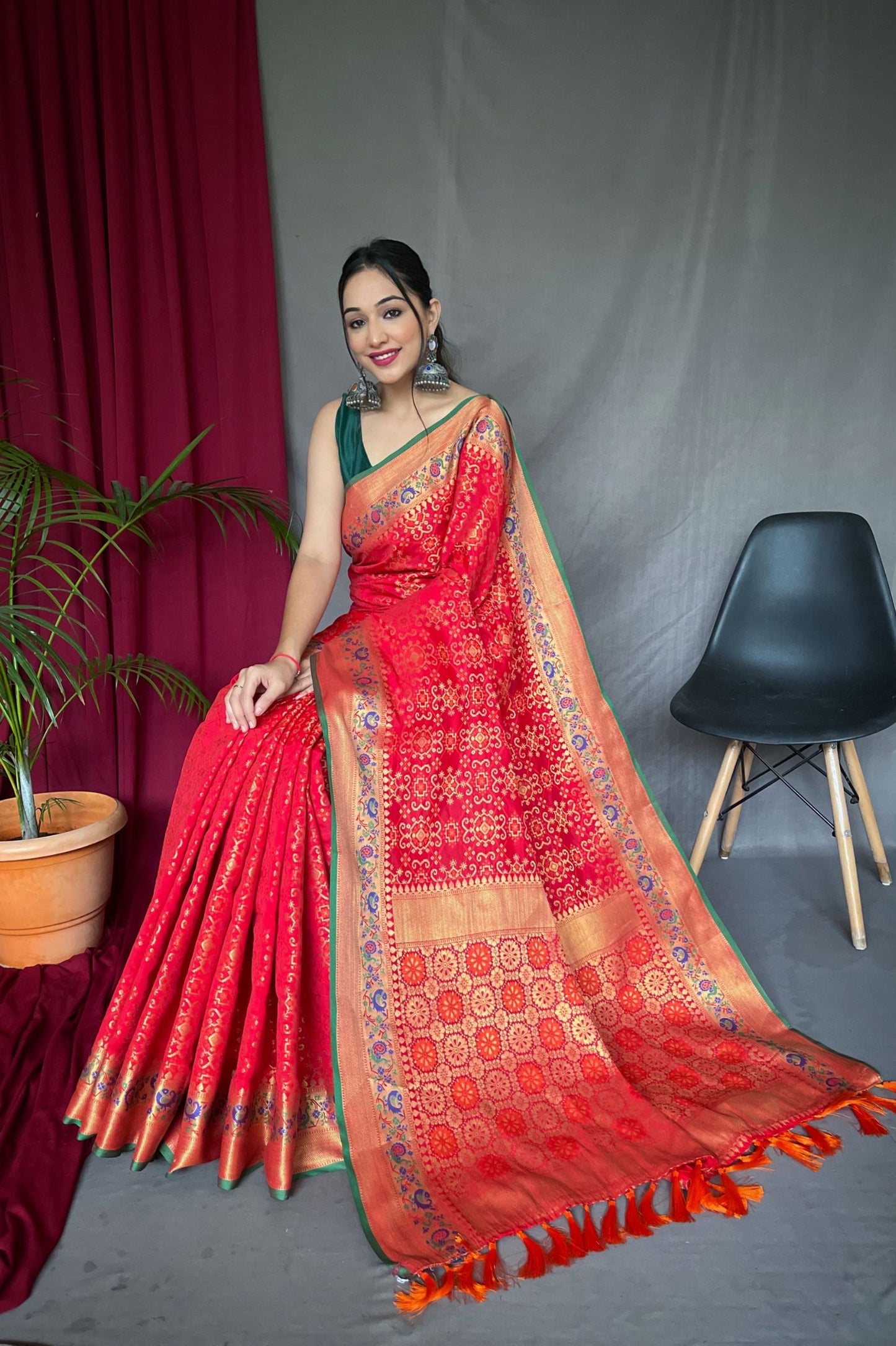 Tomato Red Patola Silk Saree with Paithani Patola Fusion