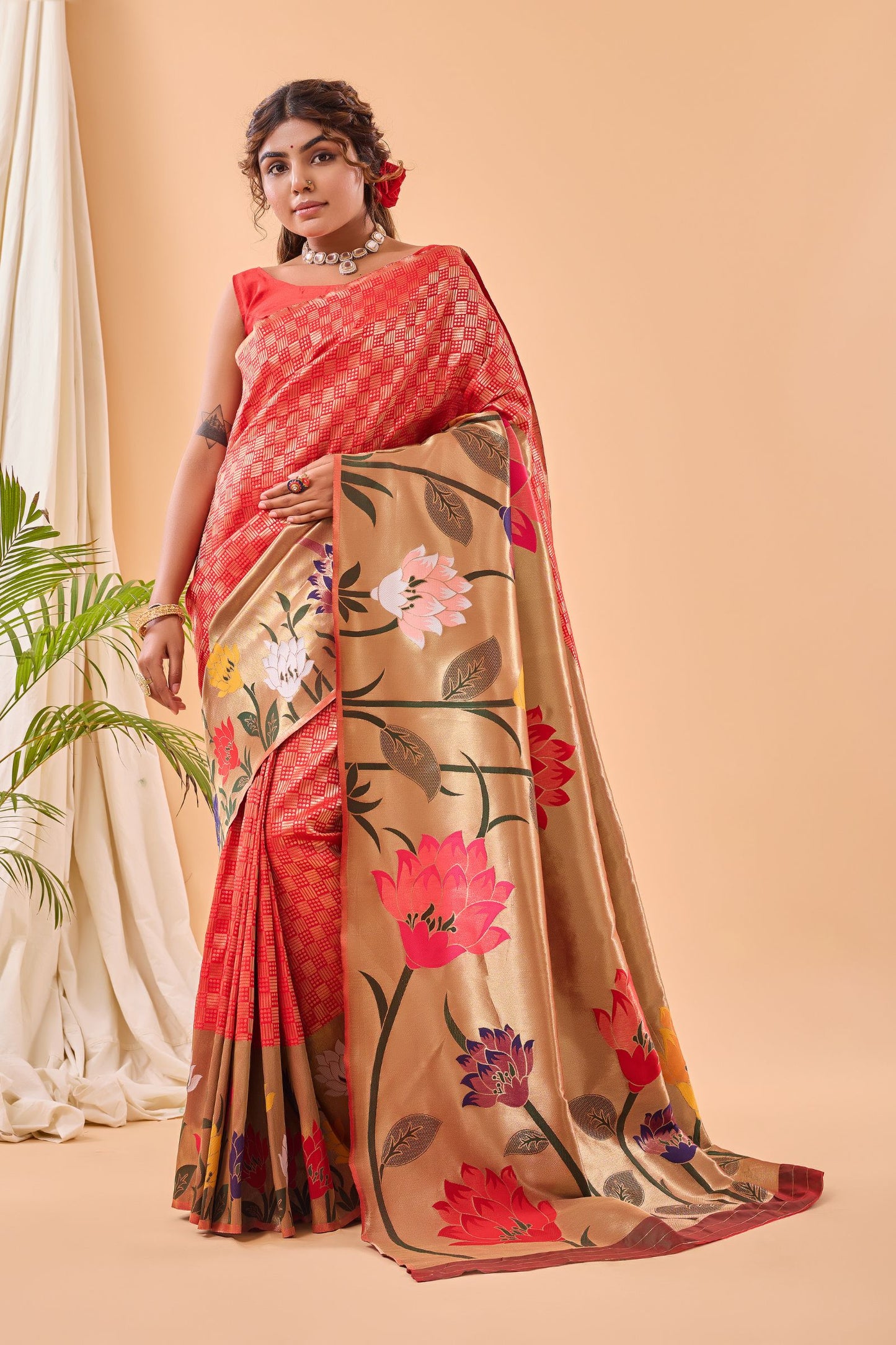 Tomato Red Paithani Silk Saree with Big Beautiful Border