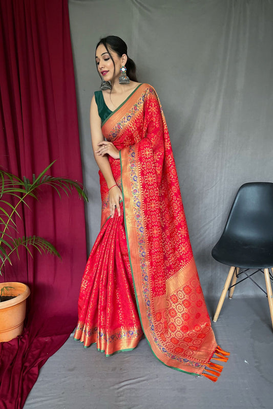 Tomato Red Patola Silk Saree with Paithani Patola Fusion