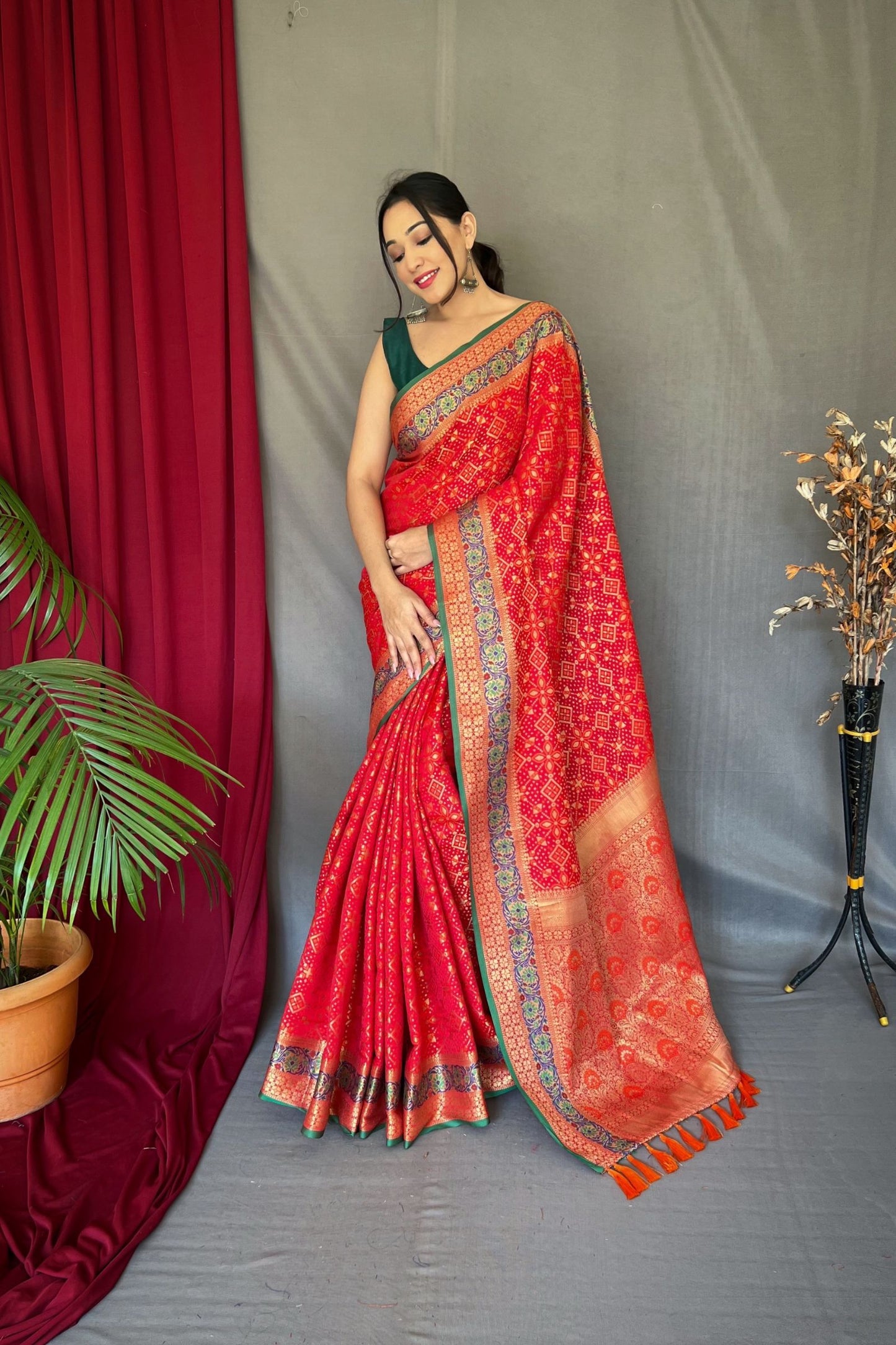 Tomato Red Patola Silk Saree with Flower Patola Fusion