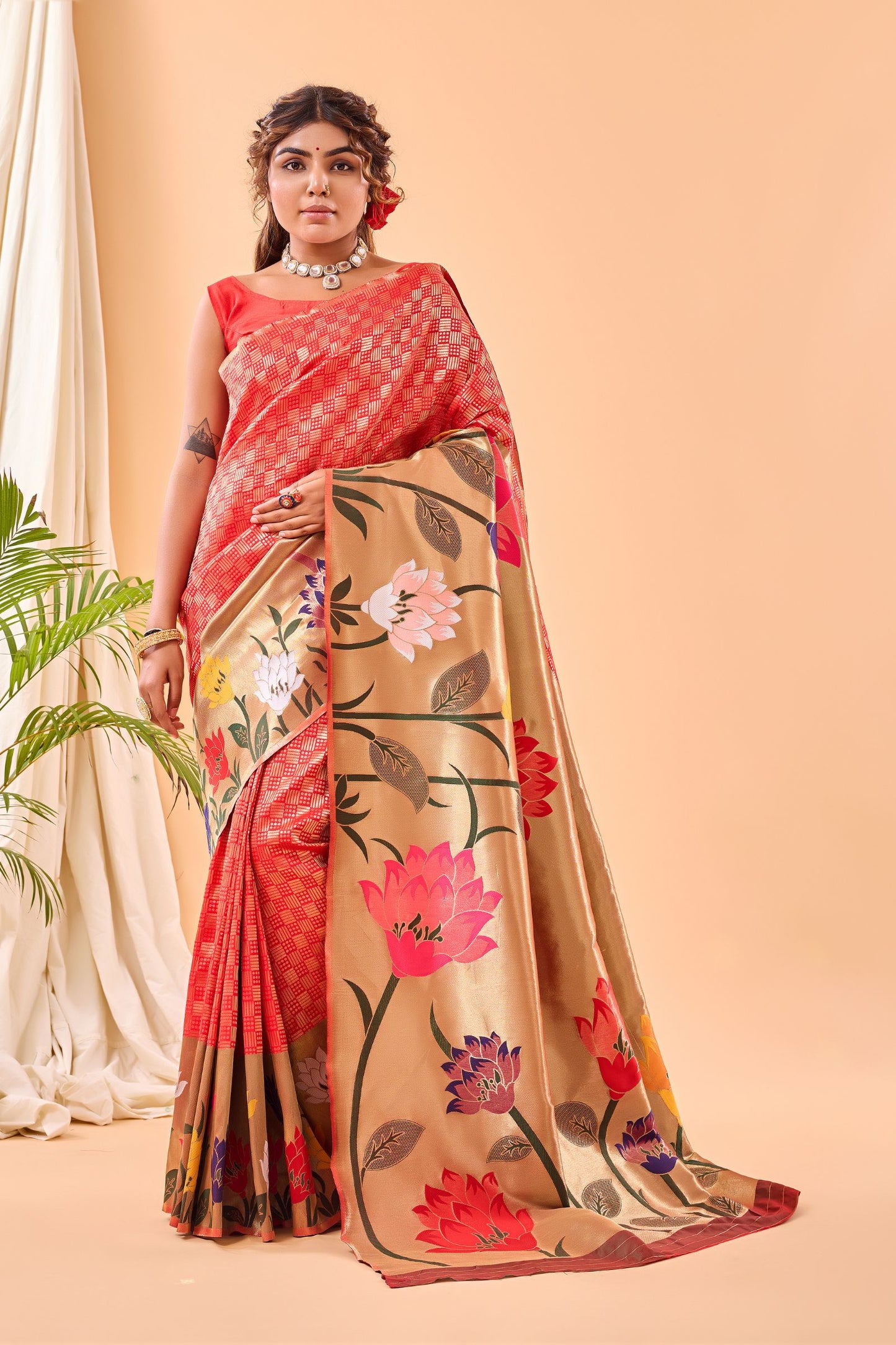 Tomato Red Paithani Silk Saree with Big Beautiful Border