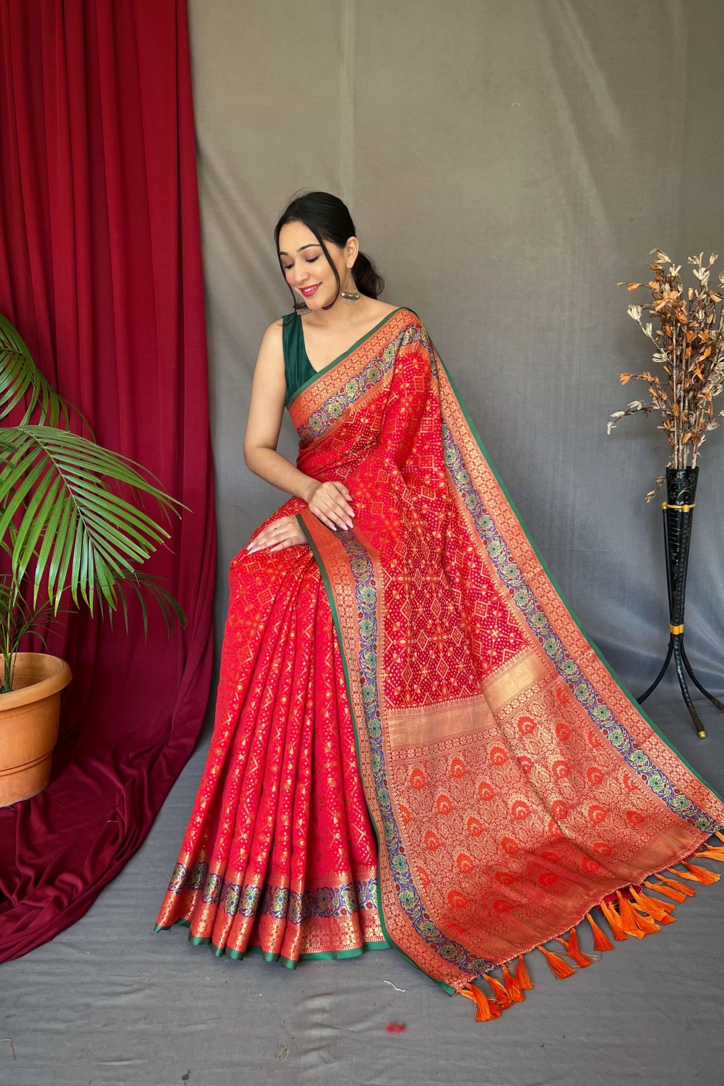 Tomato Red Patola Silk Saree with Flower Patola Fusion