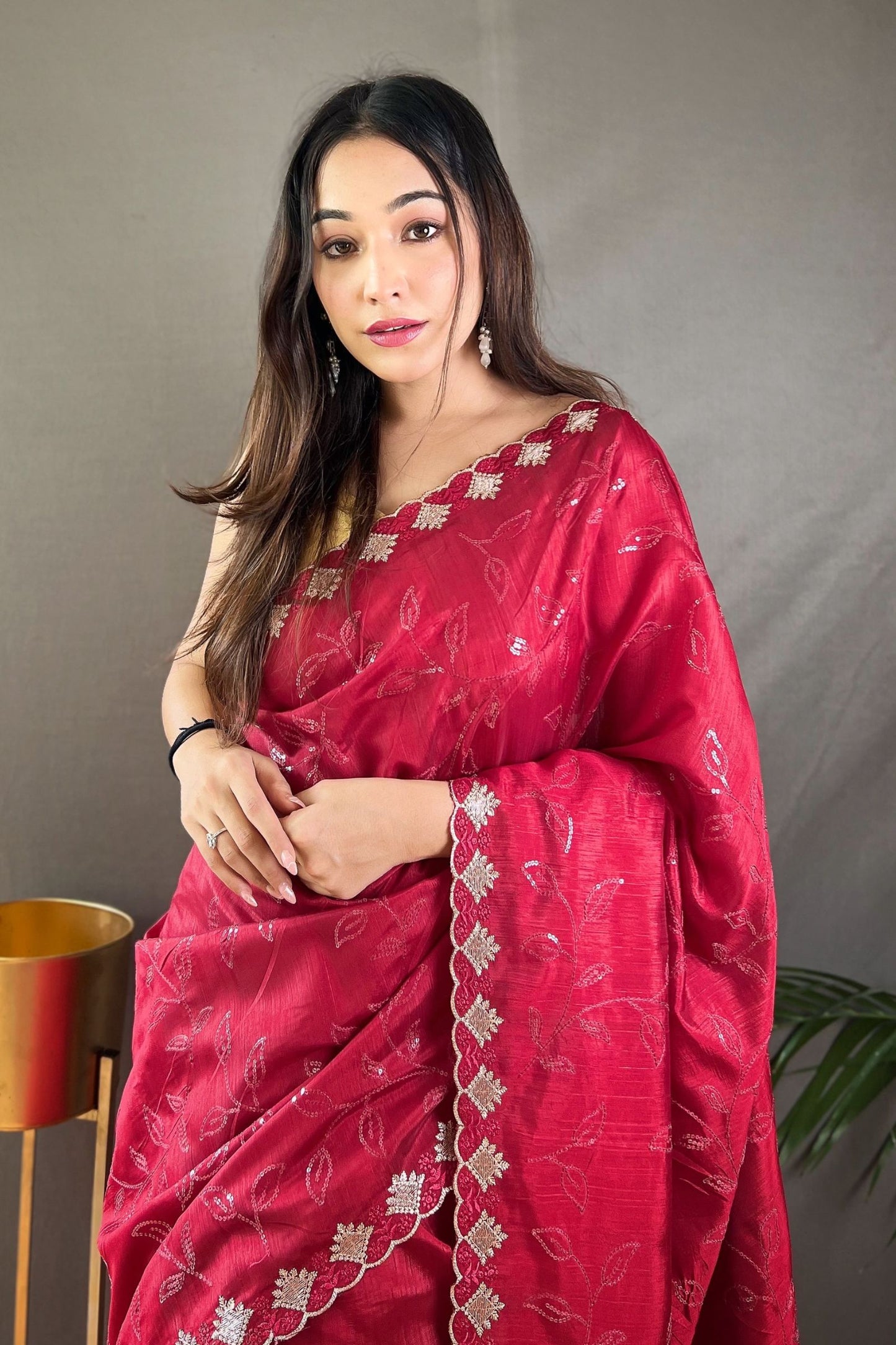 Crimson Red Sequins Work Silk Saree with Embroidered Border