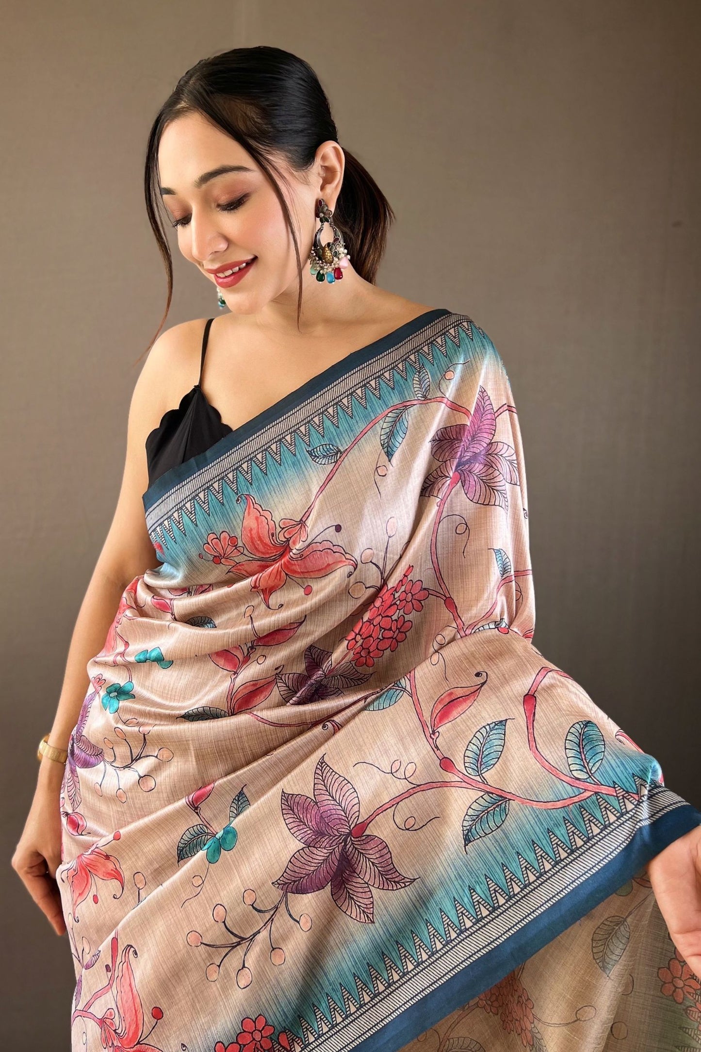 Sky Blue Kalamkari Printed Silk Saree with Tassels