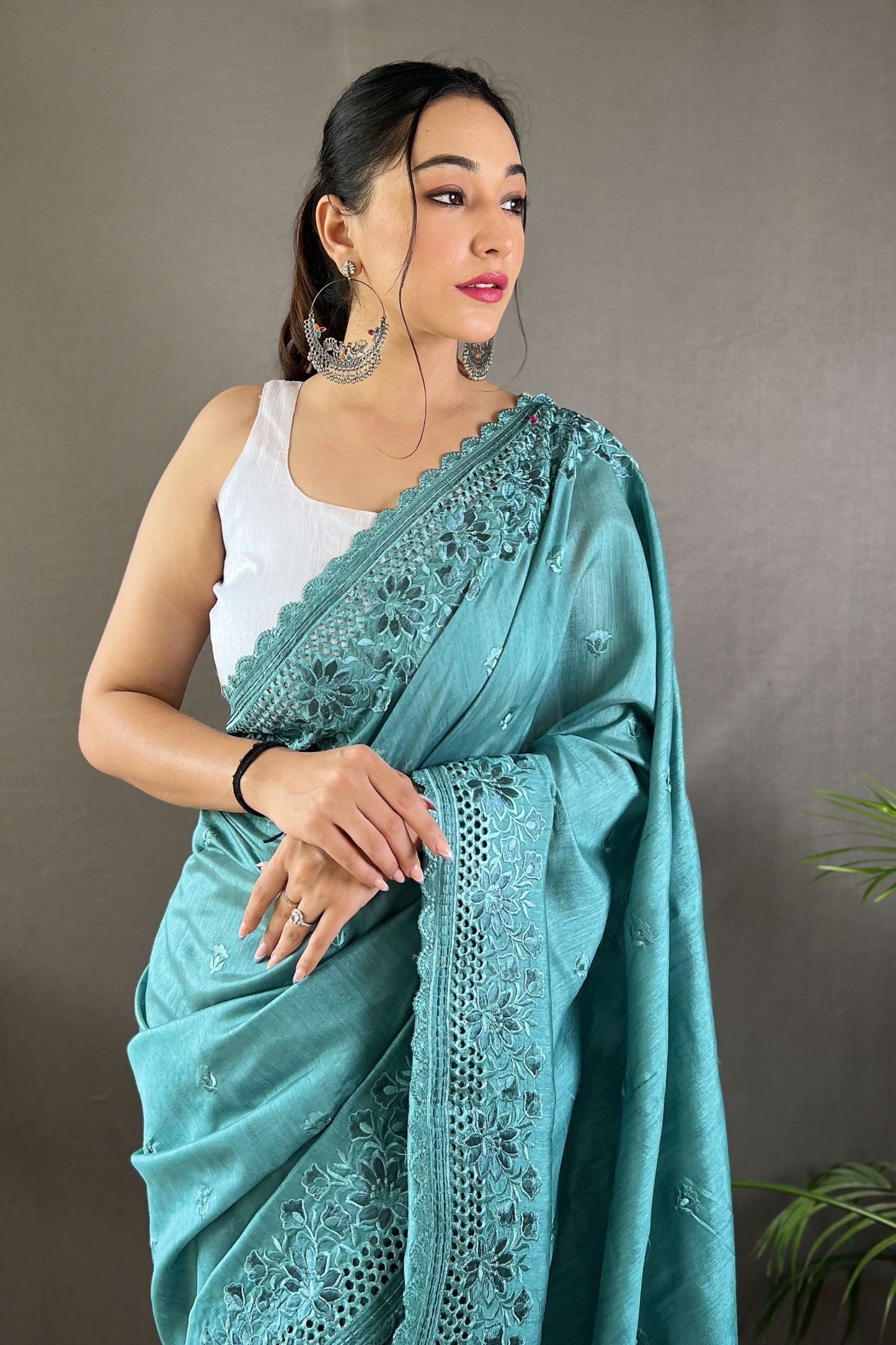 Sky Blue Matka Soft Silk Saree with Floral Cutwork Border